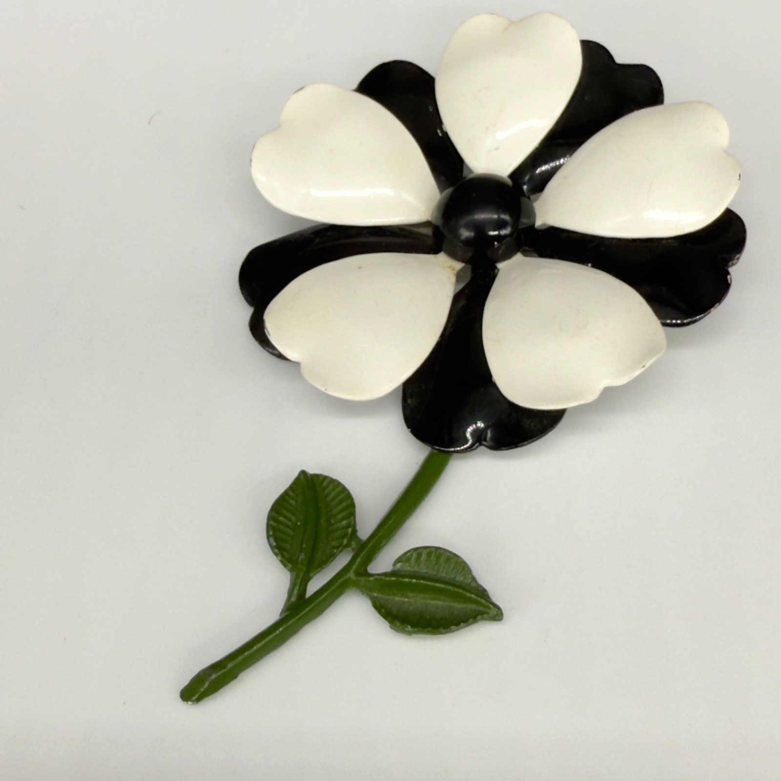 Vintage Enamel Flower Brooch Black White Green Stem 3.75 Inches