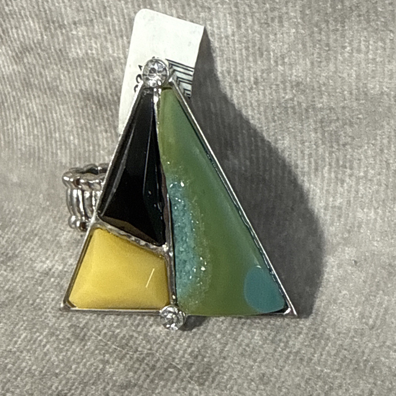 Triangular Statement Peace Ring Yellow Blue Brown Stretch Band