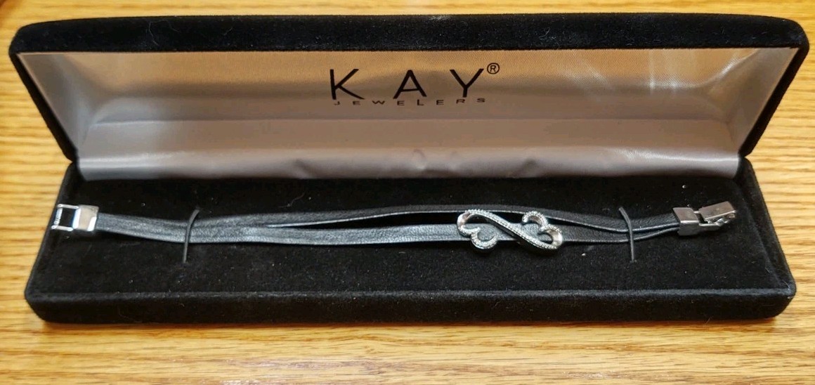 Jane Seymour Sterling Silver Diamonds Open Heart Black Leather Bracelet Gift Box