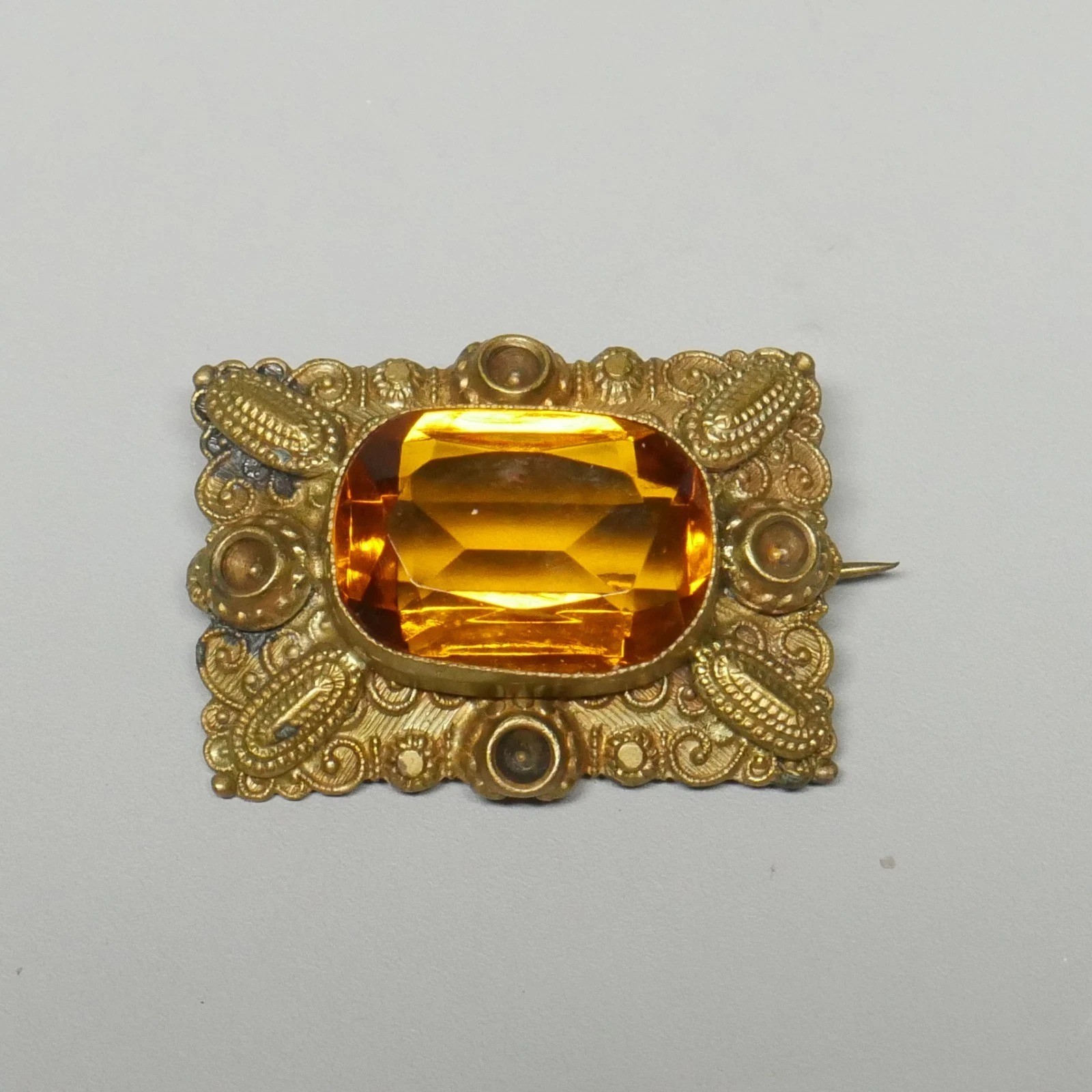 Antique Victorian Flame-Fusion Honey Yellow Sapphire Filigree Brooch c 1900