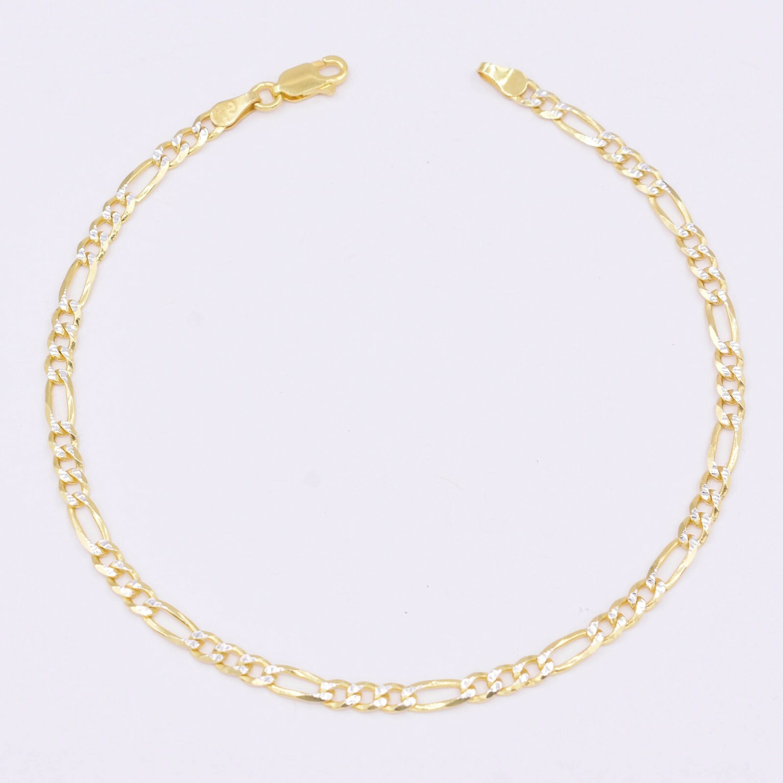 3.5mm Two-Tone Figaro Pave Link Chain Anklet 14K Yellow Gold-Plated Silver 925