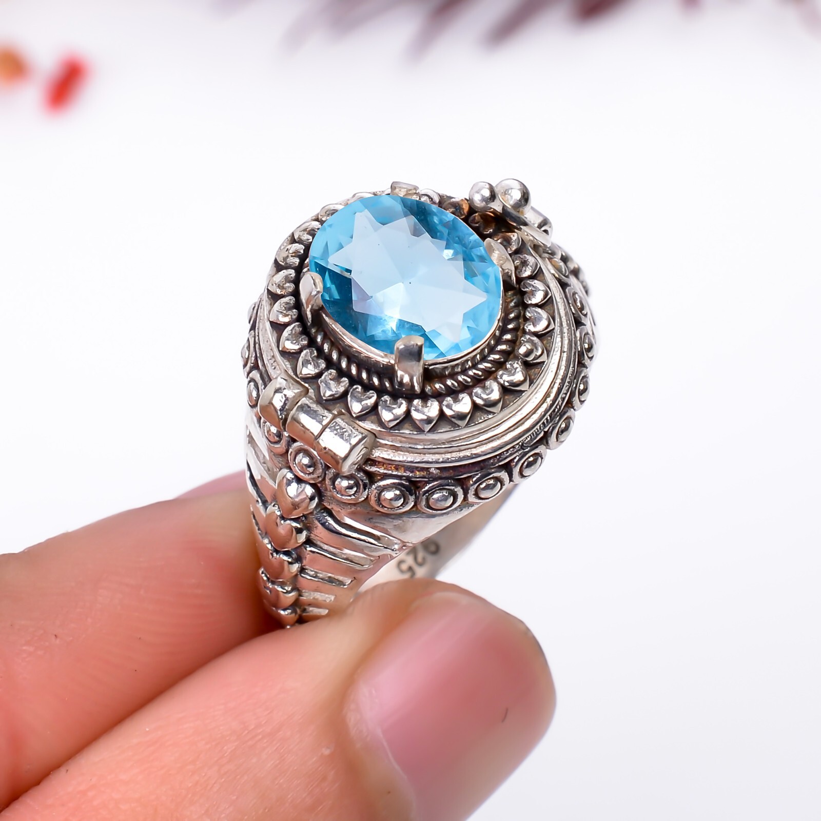 Aquamarine Gemstone Handmade Poison Ring, 925 Silver Aquamarine Poison Gift Ring
