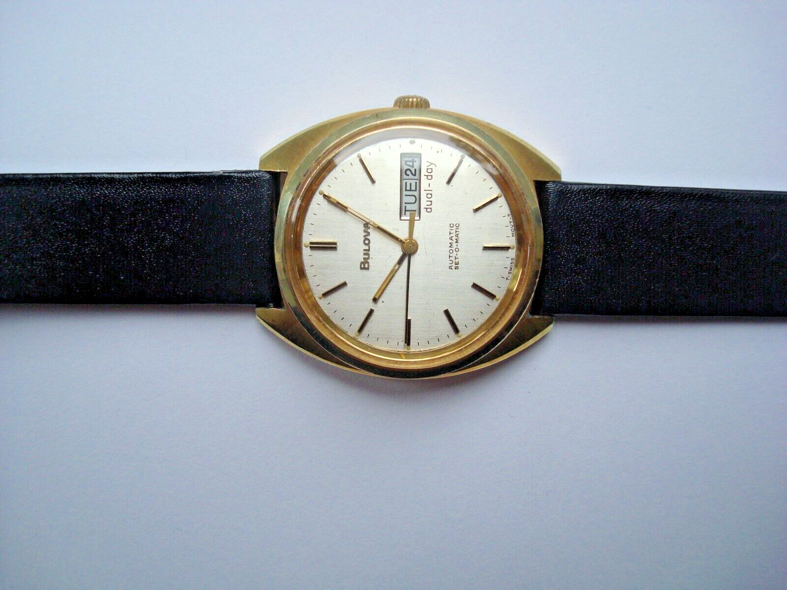 Bulova N7 Mens Automatic Watch 17j. ETA 2879 Day Date Quick Set New Band GC Runs