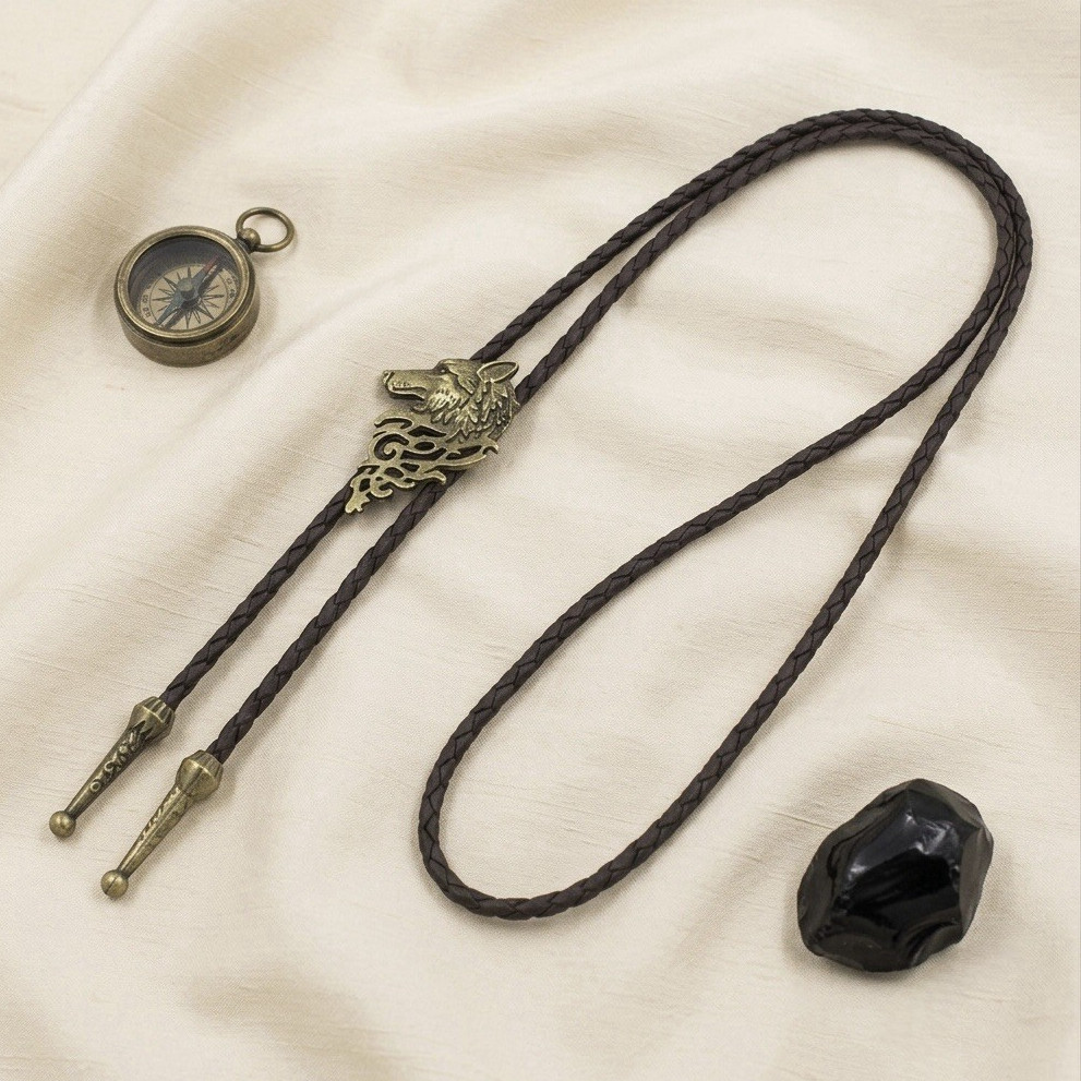 Western Dragon Slide Bolo Tie Bronze Tone Black Braided Cord Adjustable