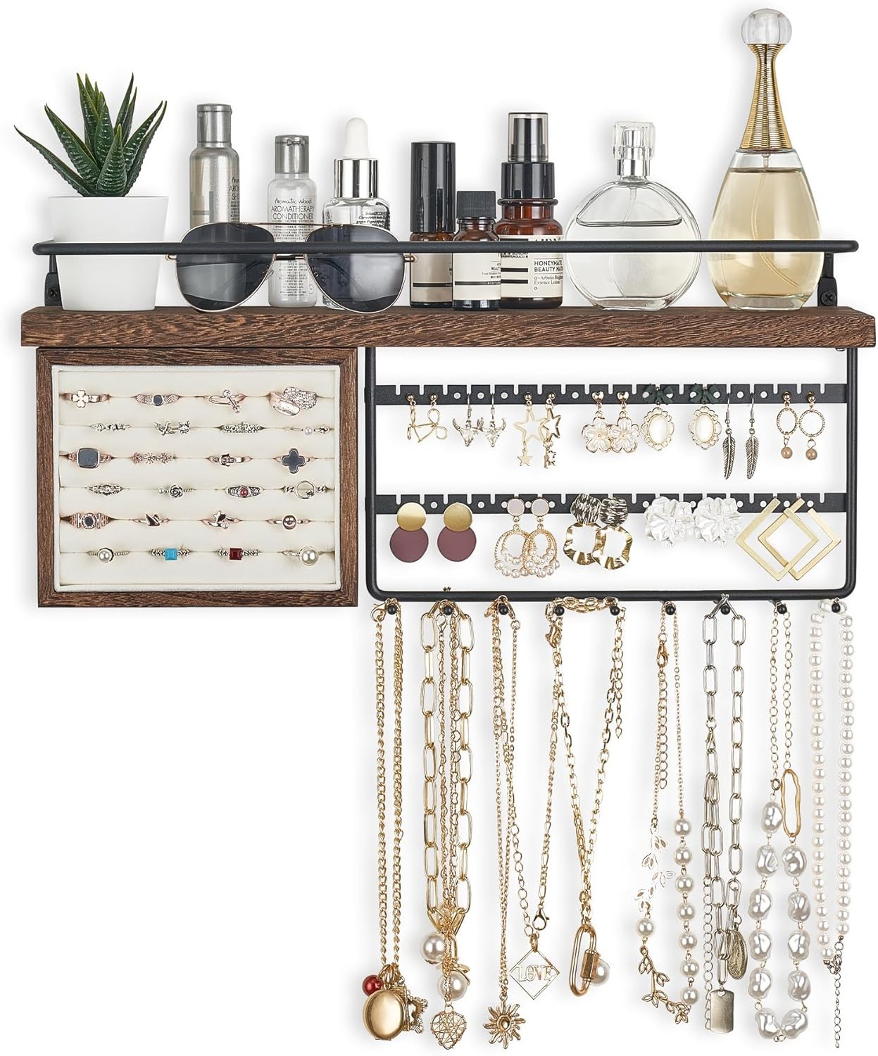 Mkono Hanging Jewelry Organizer Wall Mounted 16.9 x 4.9 x 7.3 inches, Brown