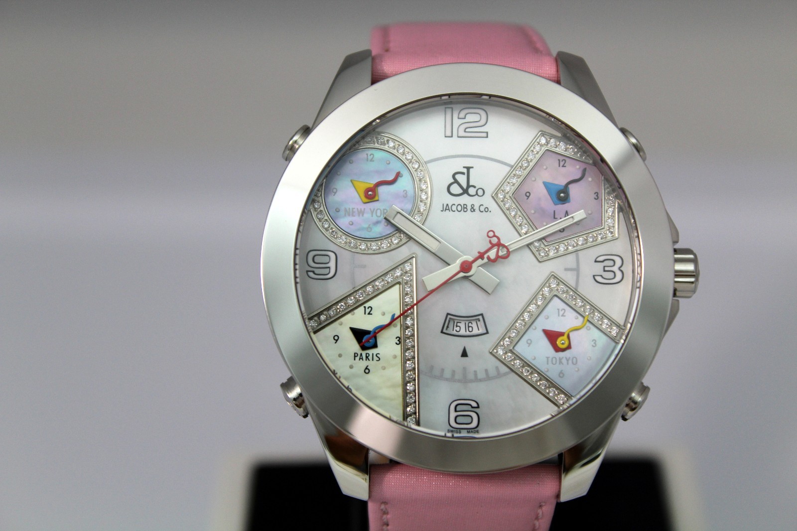 JACOB & CO 47MM 5 TIME ZONE JC24DA AUTHENTIC STAINLESS STEEL LADIES DIAMOND WATC