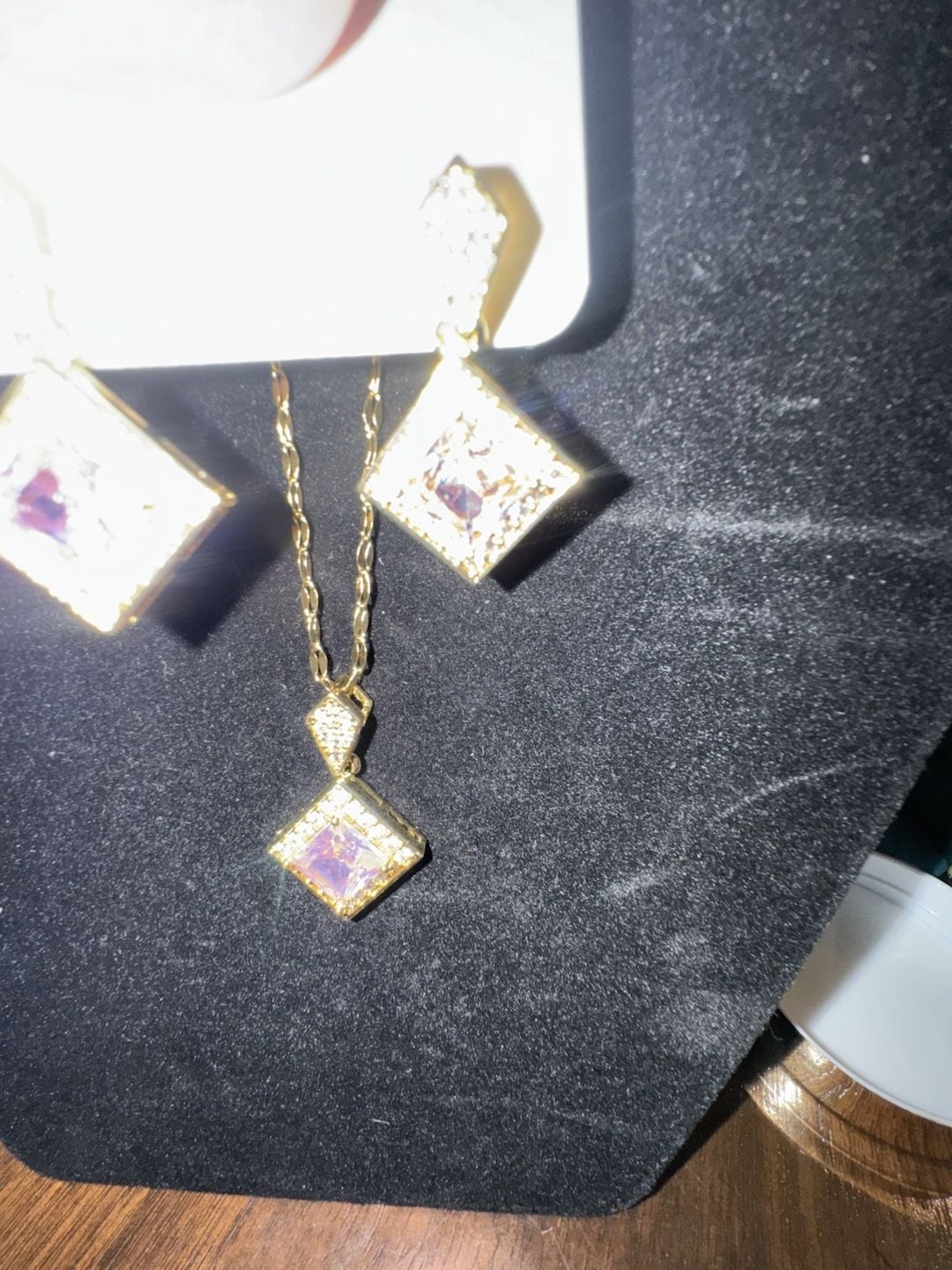 Gold-Tone Square Pink Crystal Pendant Necklace and Earring Jewelry Set with S925