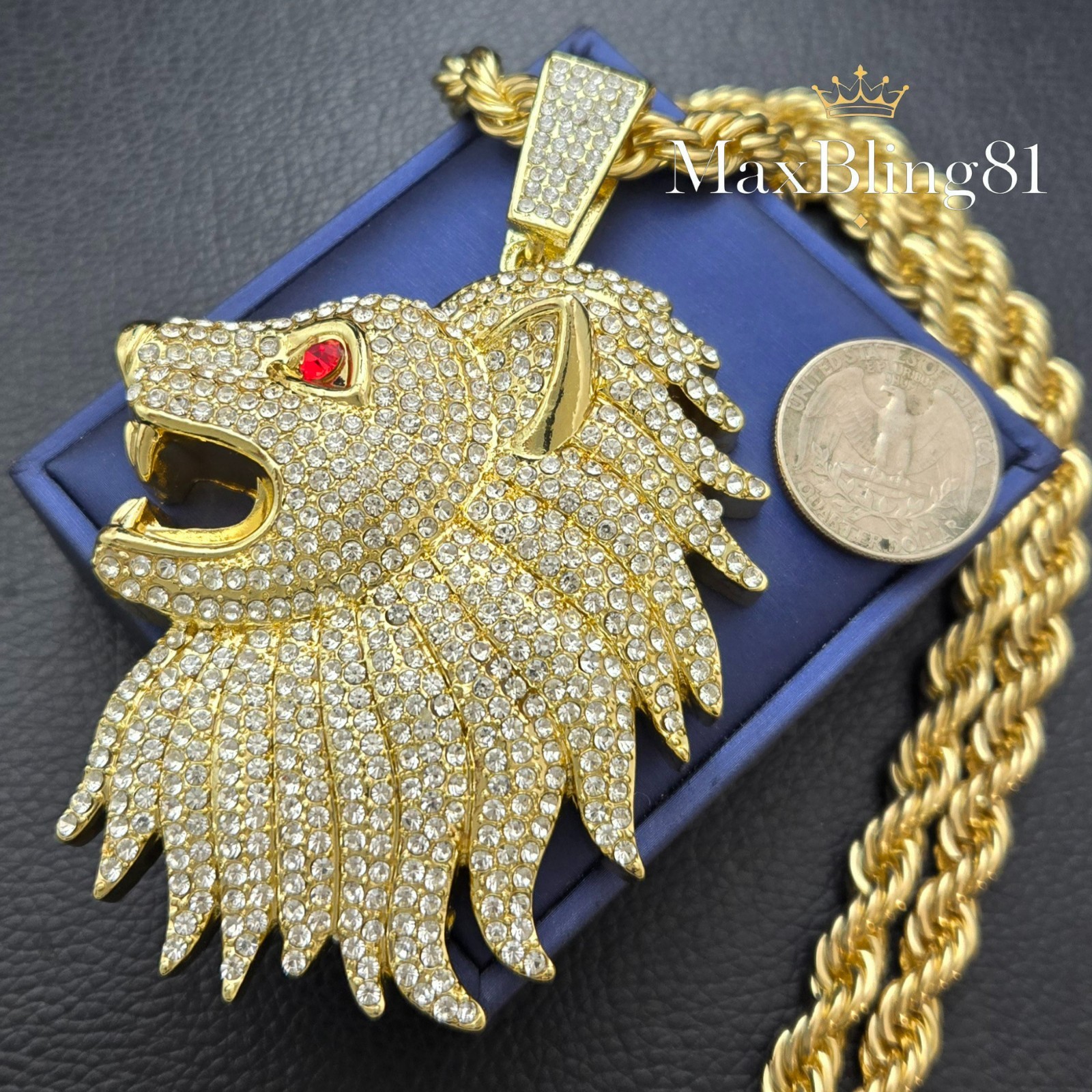 LARGE LION HEAD HIP HOP ICED GOLD PLATED CZ PENDANT 8mm 24″ ROPE CHAIN NECKLACE