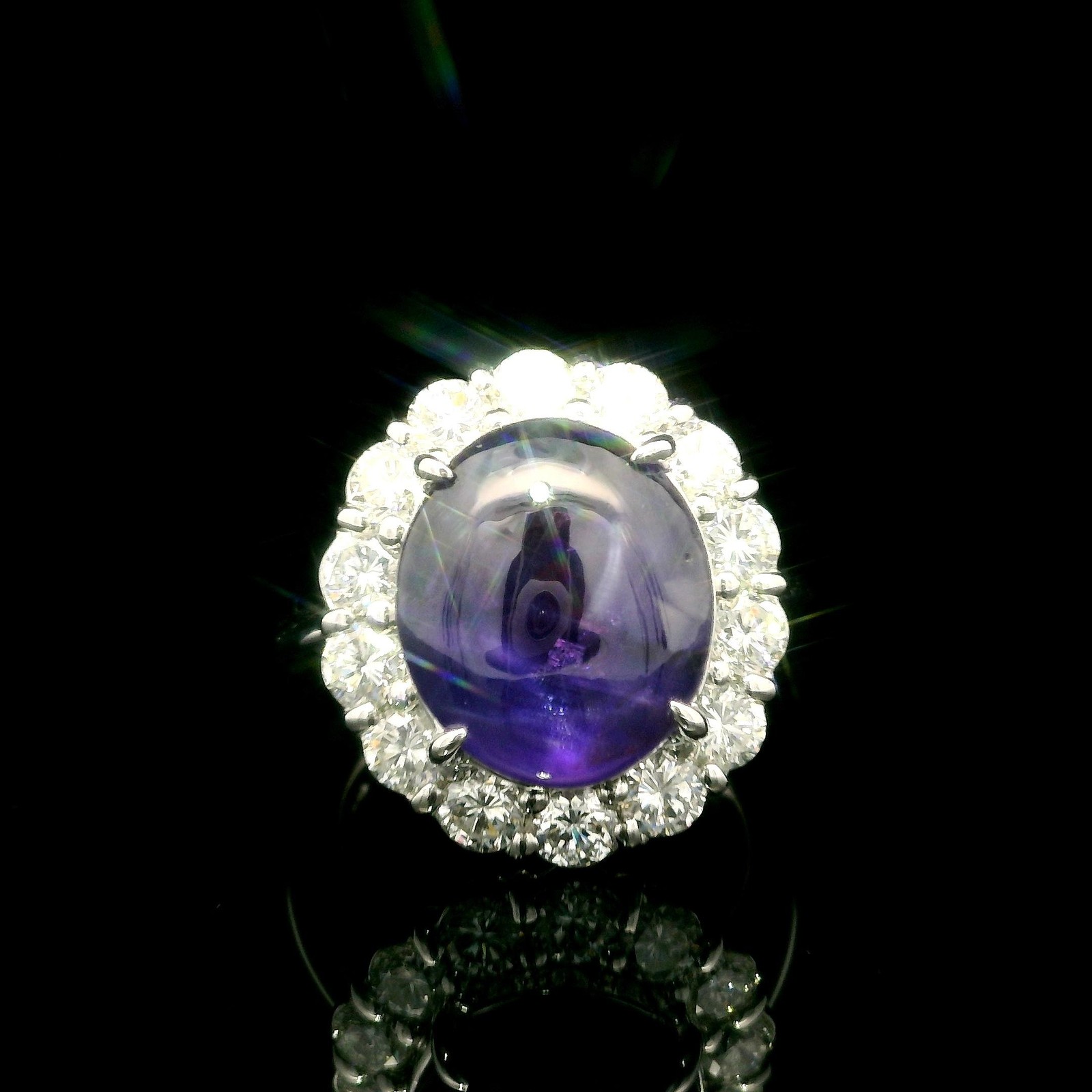Platinum AGL 15.79ctw No Heat Color Change Star Sapphire w/ Diamond Halo Ring