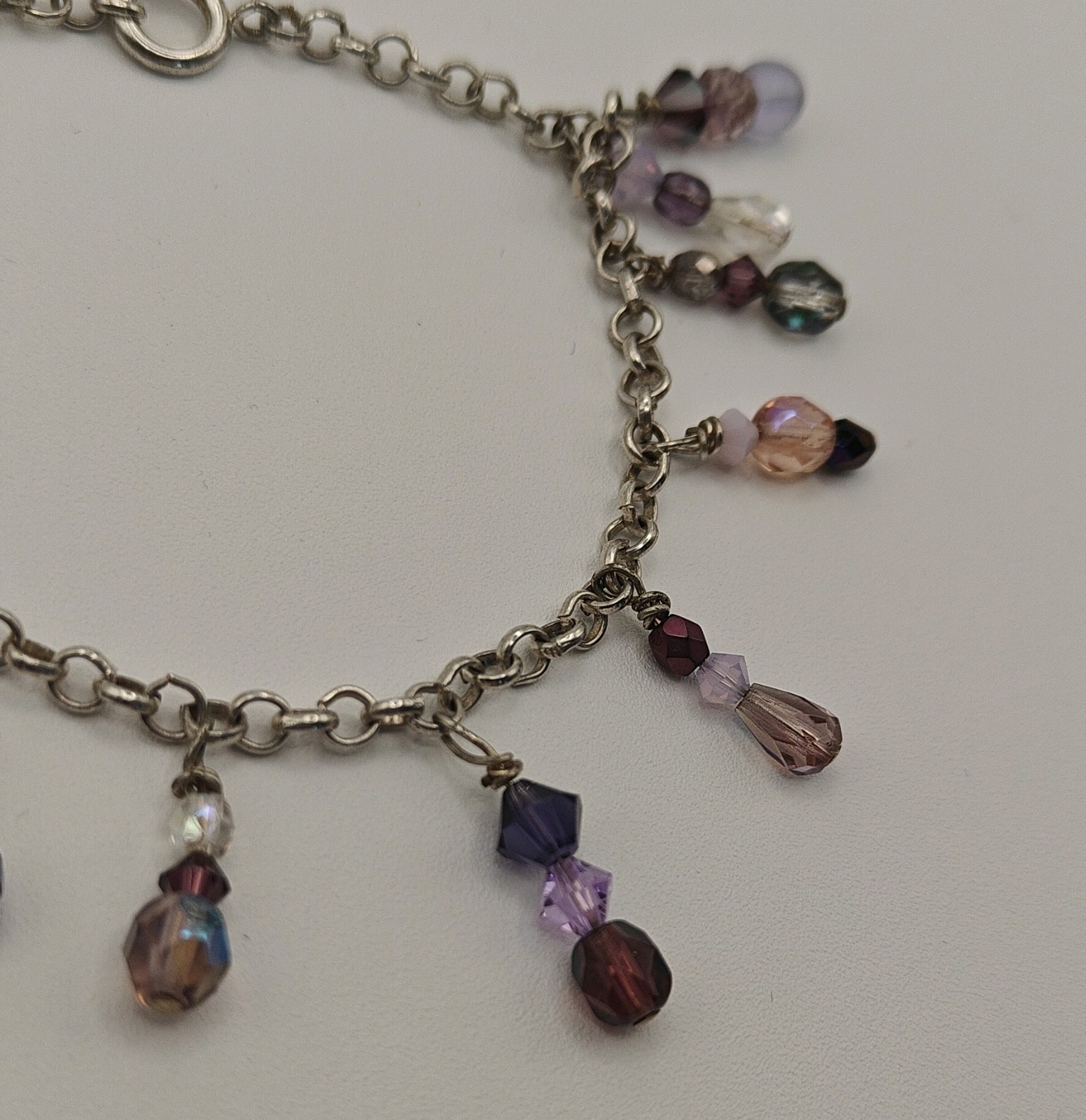 Adjustable Silver Tone Charm Beaded Bracelet with Purple Pink Glass Beads 8 inch