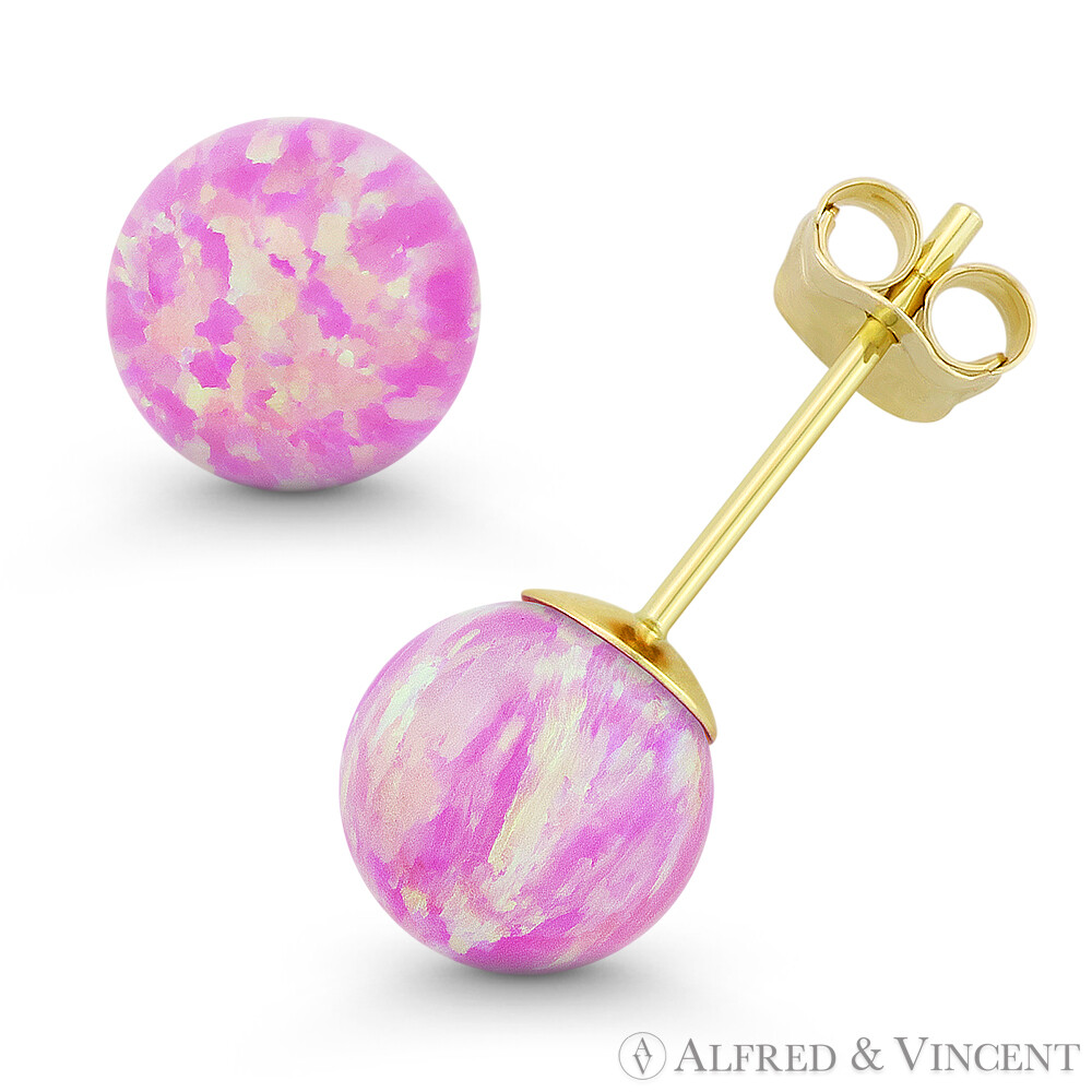 Angel Skin Pink Synthetic Fire Opal 14k Yellow Gold Pushback Ball Stud Earrings