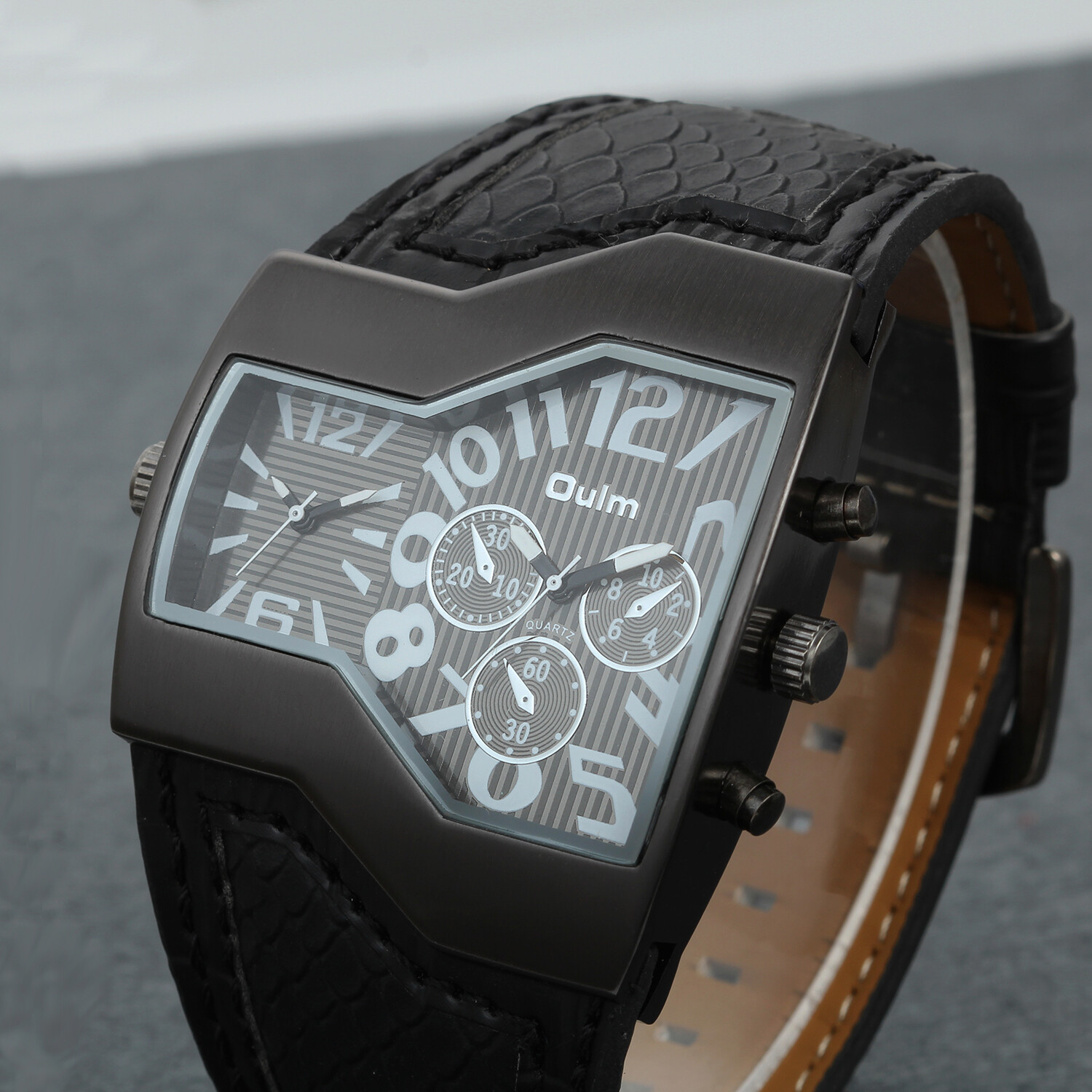 Men Unique Sports Military Army Dual Time Zones Quartz Leather Strap Wrist Watch