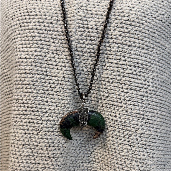 Boho Reversible Crescent Horn Pendant Necklace Green Snakeskin Pearl Brown Stone