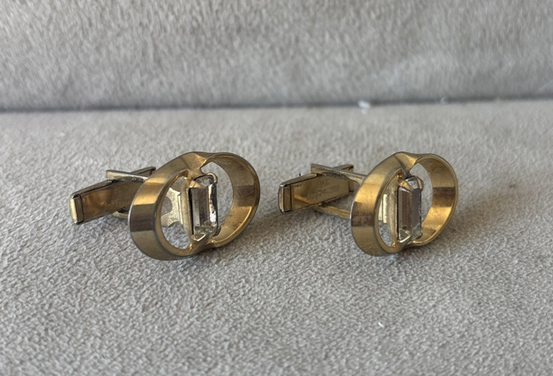 1960 Vintage Special Occasion Rhinestone Cufflinks Gold Plate Pat. 2,974,381