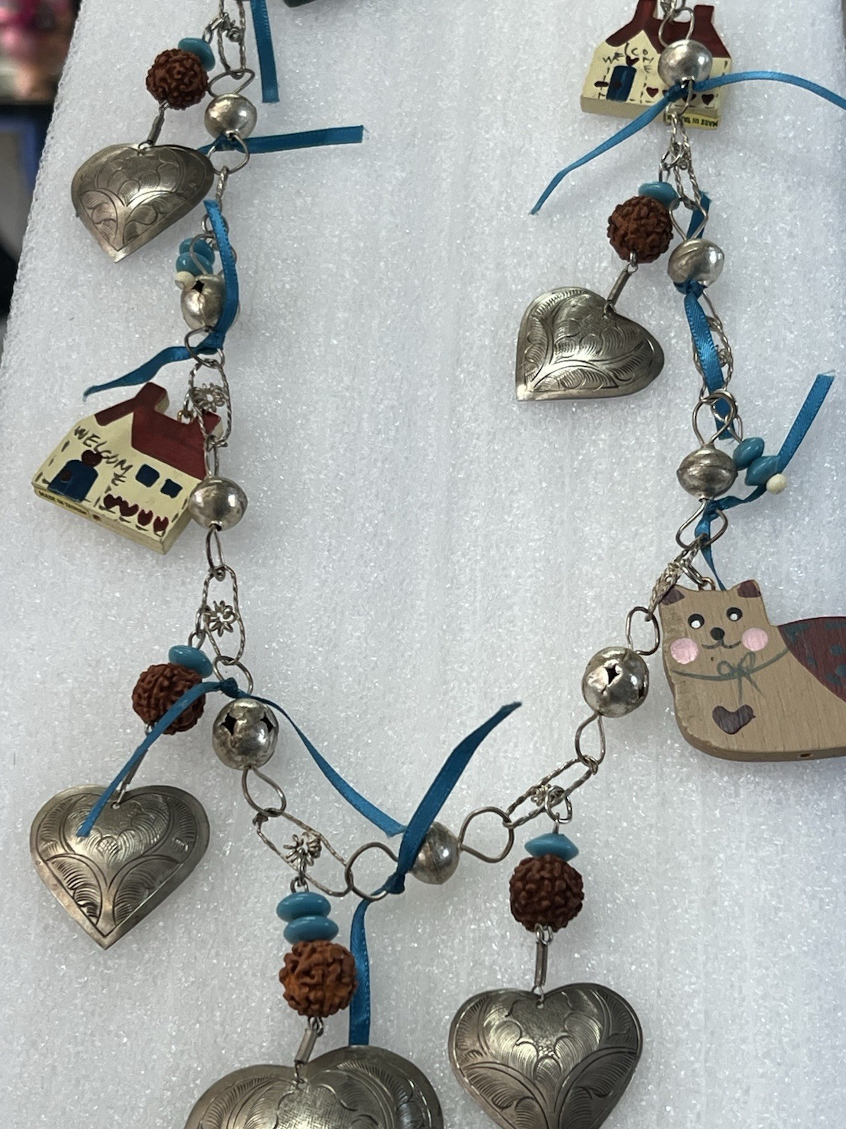 Multicolor Charm Necklace with Heart, House, Cat Pendants, Metal, Wood, Ribbon