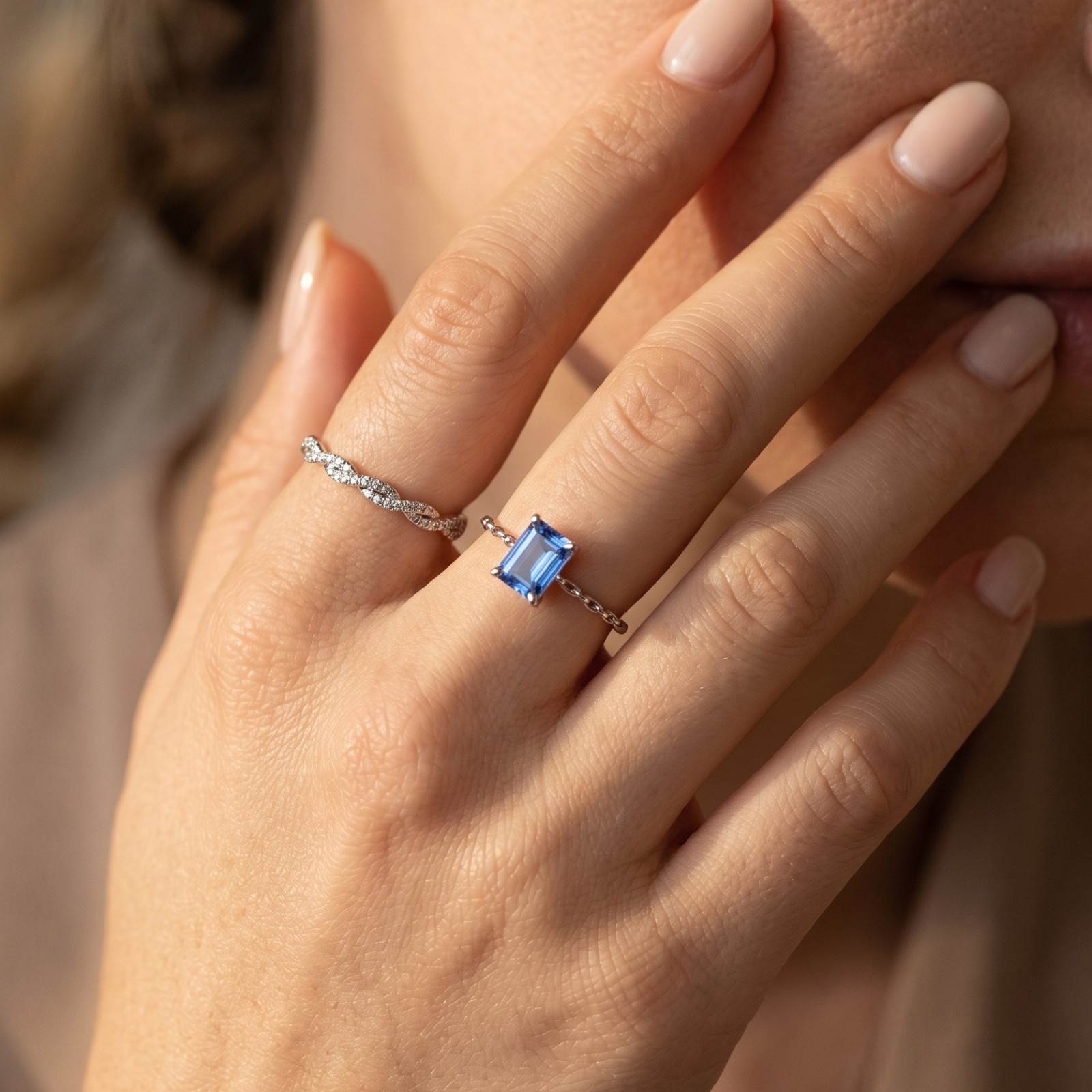 Sterling Silver 925 Blue Topaz Gemstone Slider Chain Ring Adjustable Gift