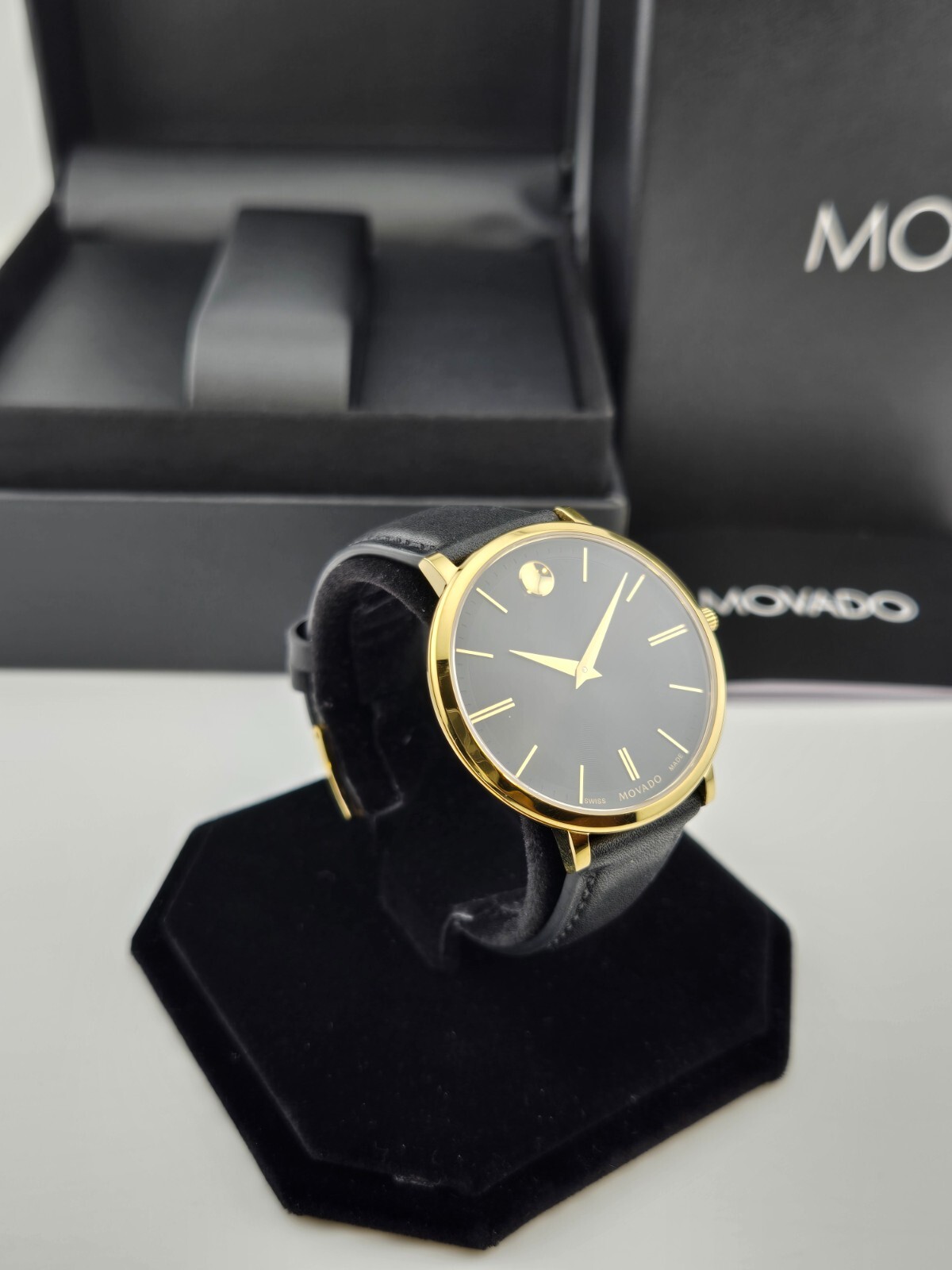 Movado Women’s Ultra Slim Black Dial Gold Tone Case Watch – 0607091 ($795 MSRP)