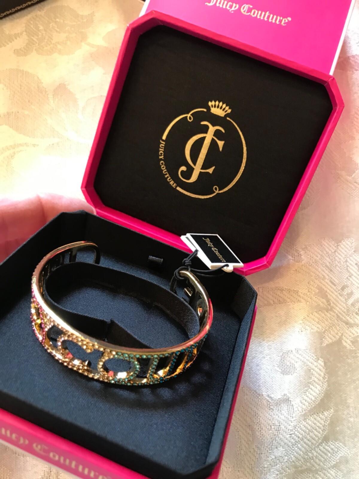 Y2K Iconic Juicy Couture Crystal Rainbow Bangle gold statement bracelet WJW688