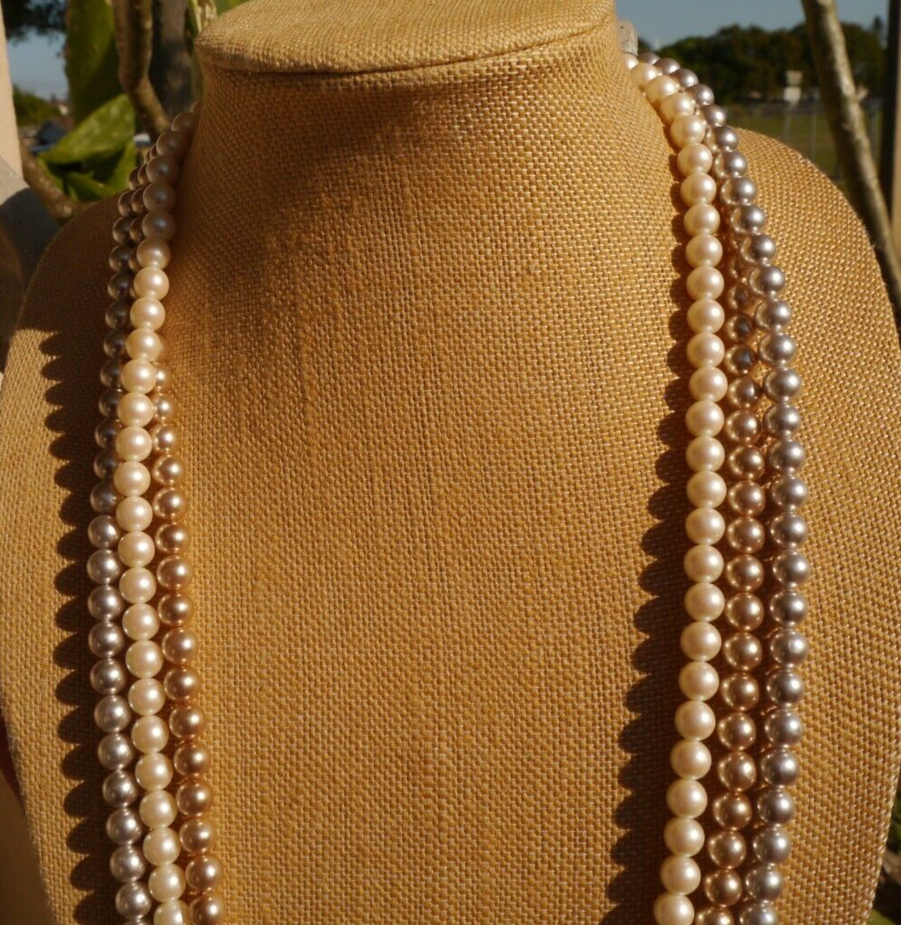 Monet Necklace Faux Pearl Gray Cream Champagne Triple Strand Ornate Box Clasp