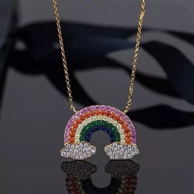 Round Cut Simulated Diamond Stunning Rainbow Pendant In 14K Yellow Gold Plated