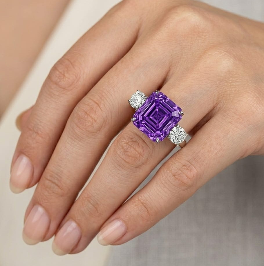 10.80 Ct Certified Asscher Purple Natural Diamond Ring VVS1 White Gold Finish
