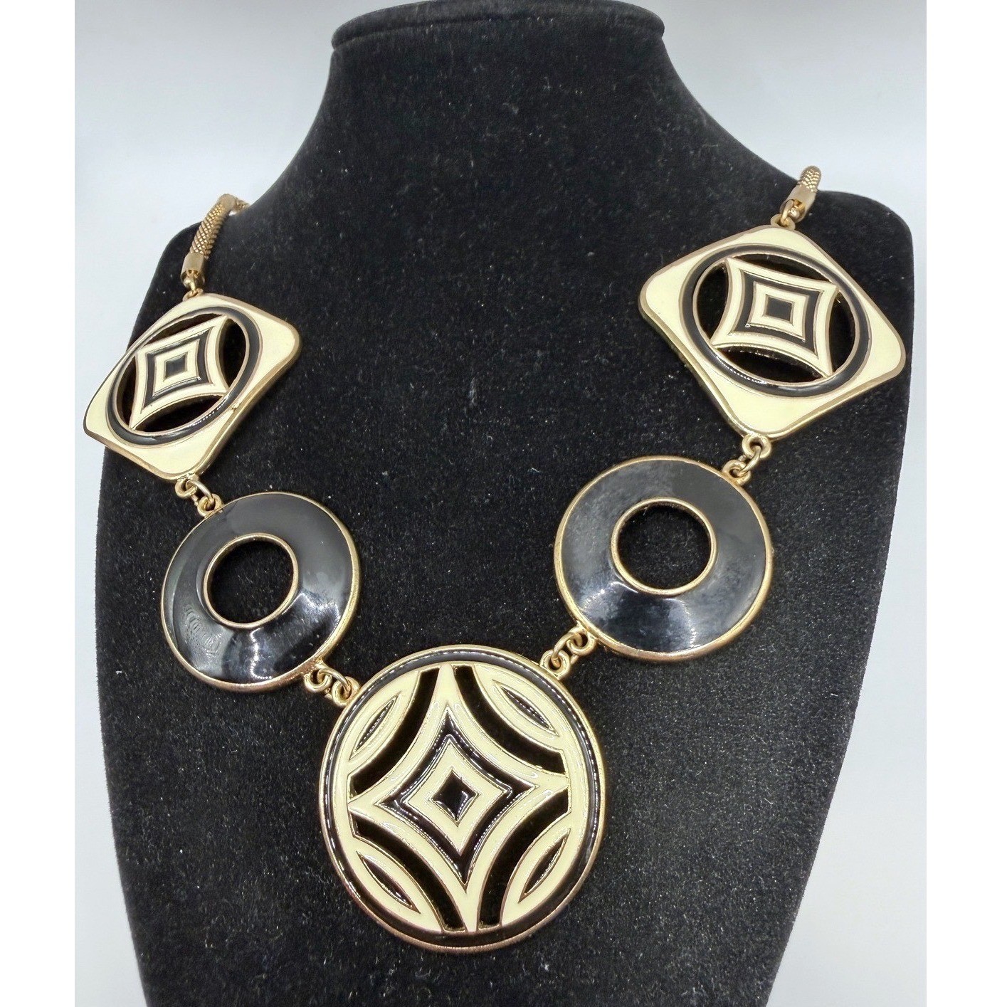 Vintage Black White Gold Enamel Geometric Statement Necklace 24″