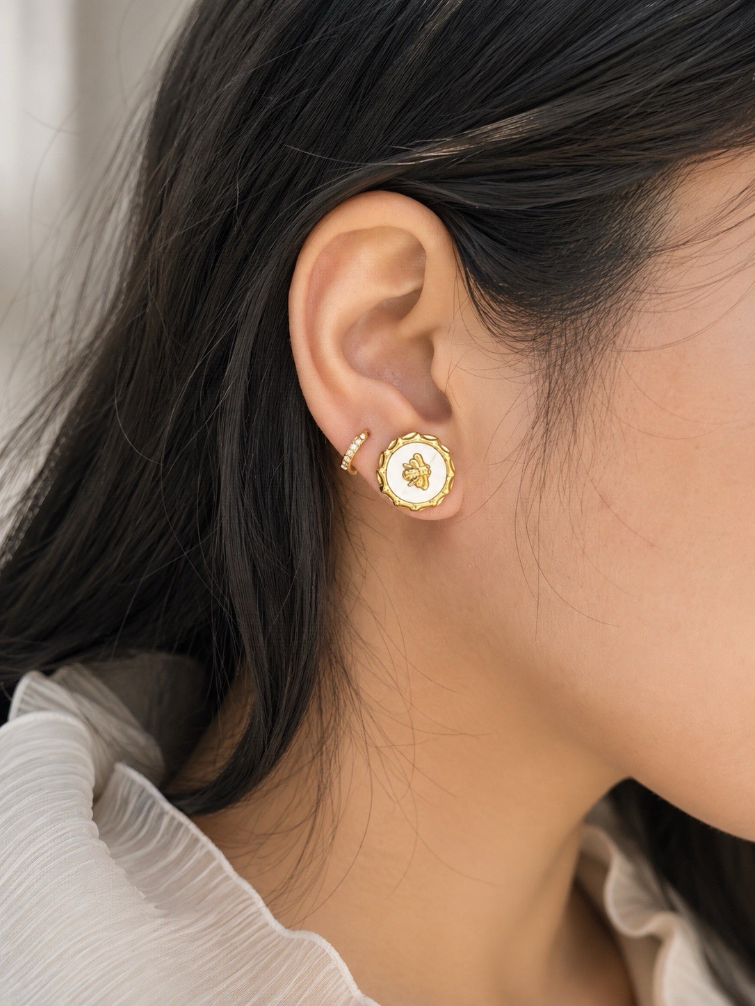 18K Gold Plated Bee Stud Earrings Iridescent White Stainless Steel