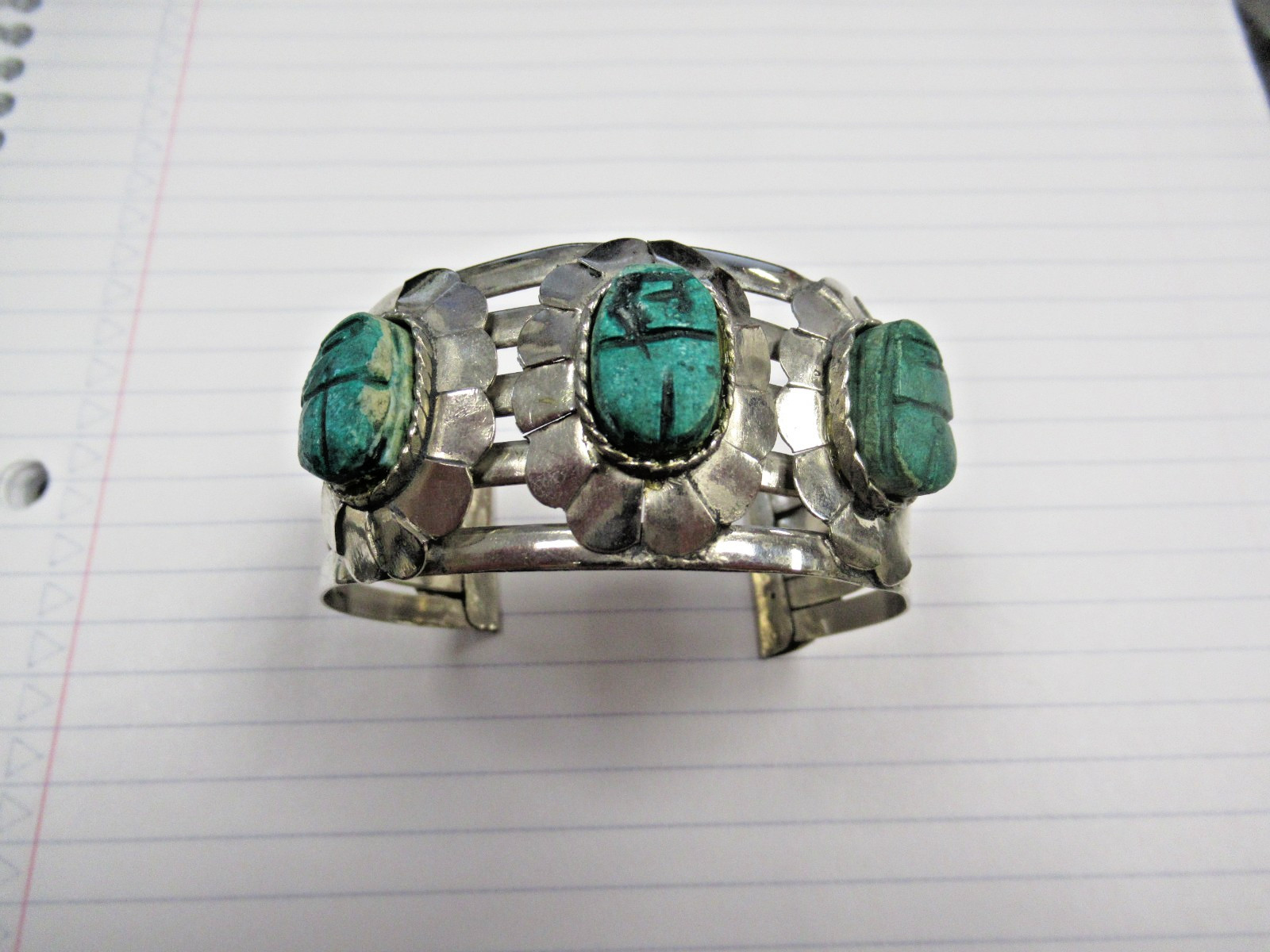 Vint Made Egypt Egyptian Faience 3 Scarab Concho Costume Jewelry Cuff Bracelet