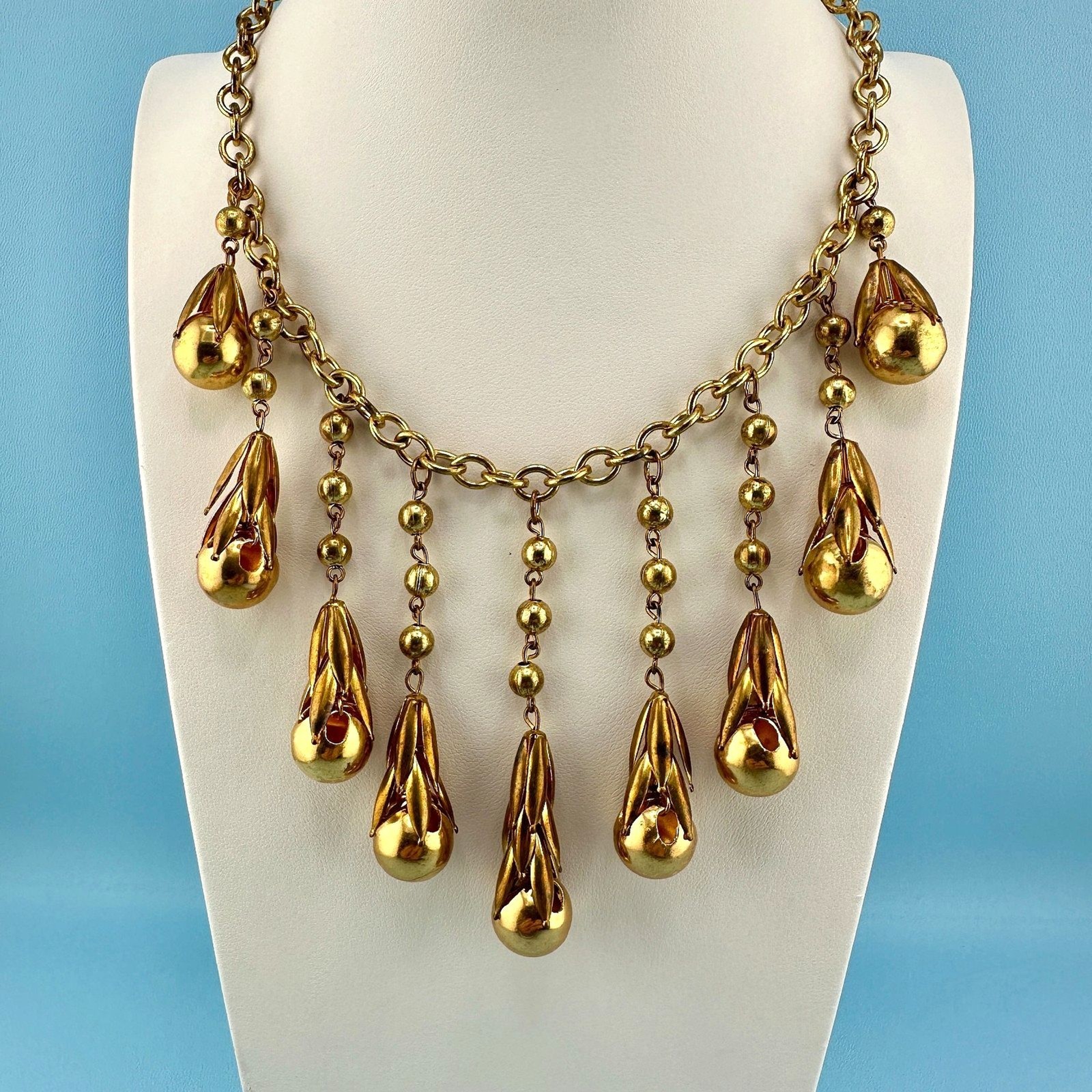 Vintage Art Deco Necklace Fringe Chain Gold Tone Etruscan Revival Statement