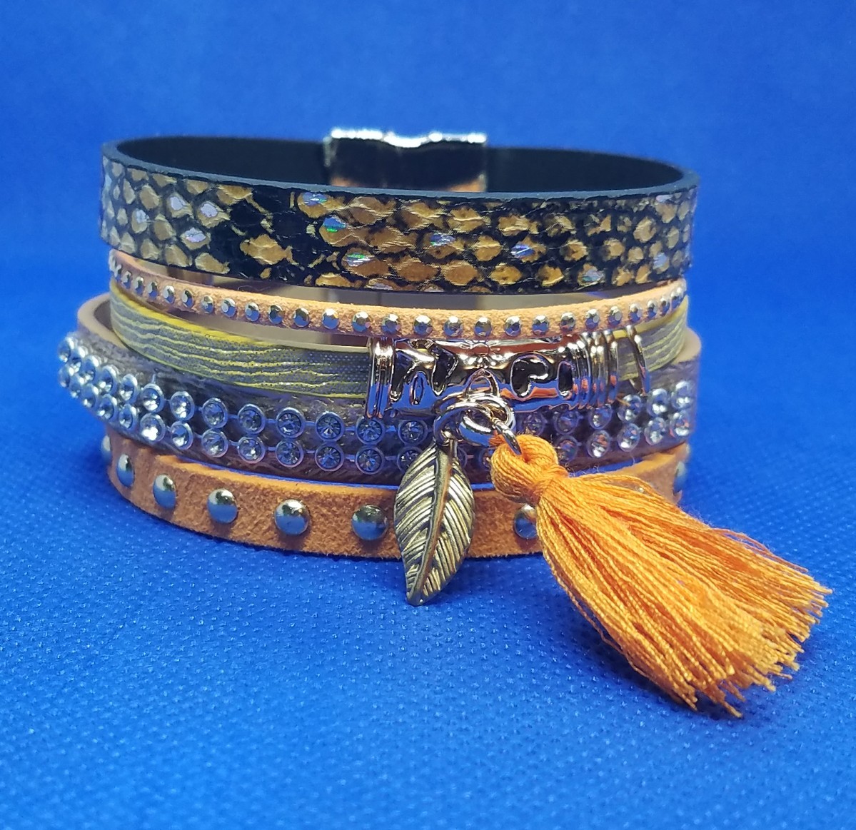 Wellmore Orange Snake Print Leaf Charm Tassel Leather Bracelet 19cm/7.5 inches