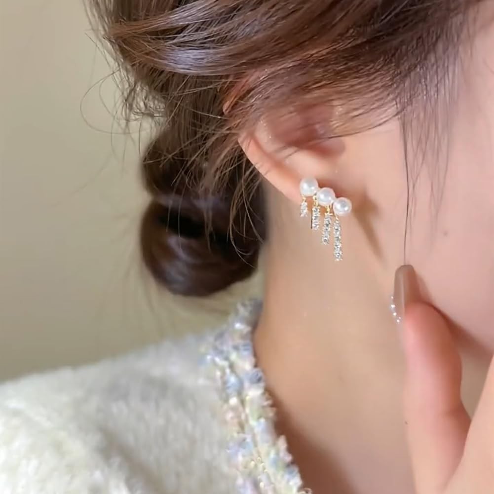 Pearl Crystal Tassel Earrings for Women Trendy Round Pearl Stud Earring Gli – 01