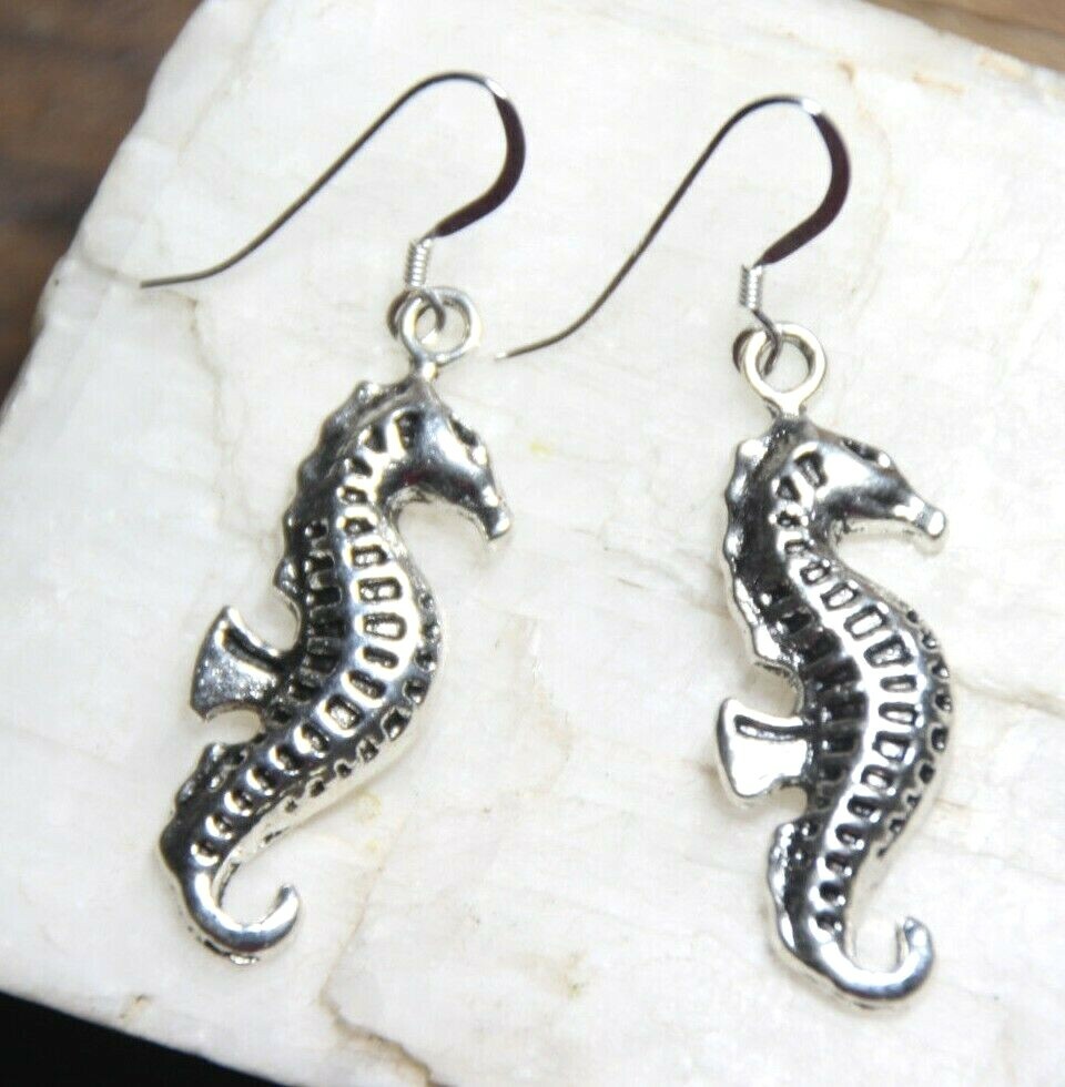 Sea Horse Earrings pendant Ocean Seahorse 925 sterling silver hook pewter charms