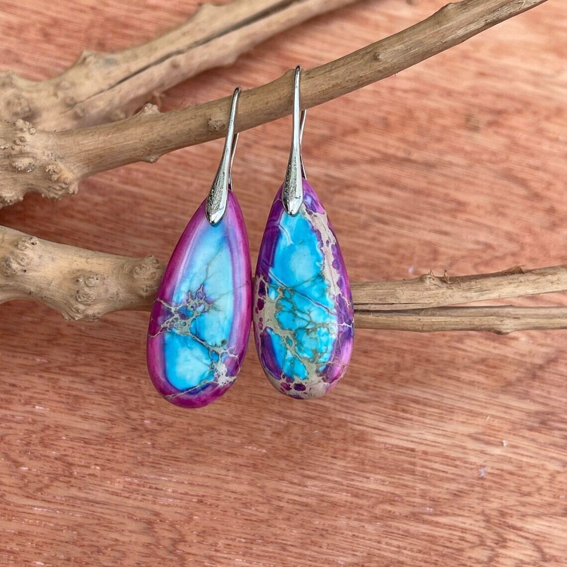 Natural Jasper Stone Teardrop Dangle Earrings Boho Style Hook Drop Earrings Gift