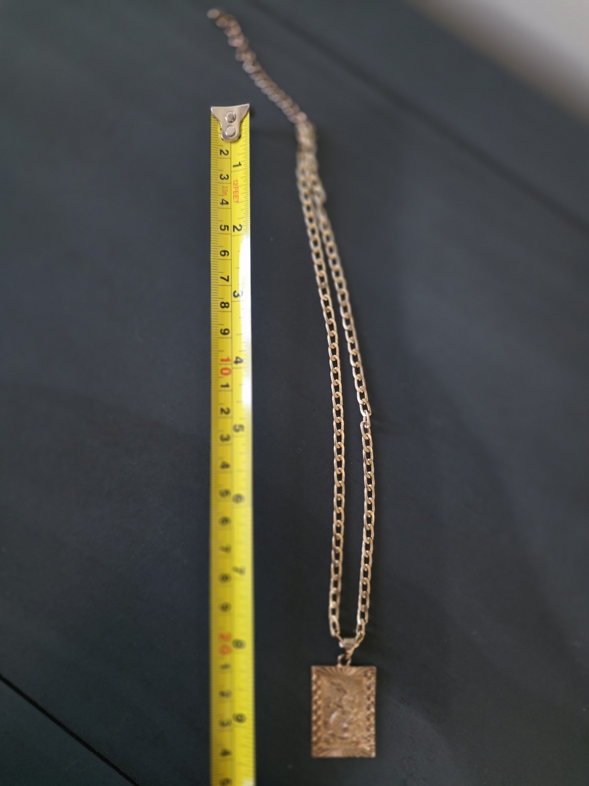 Gold Tone Figaro Chain Necklace Rectangle Etched Pendant Adjustable Lobster