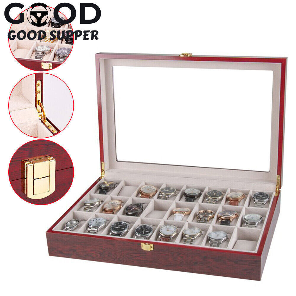 24 Slot Wood Box Watch Holder Storage Display Case Jewelry Large Storage Space