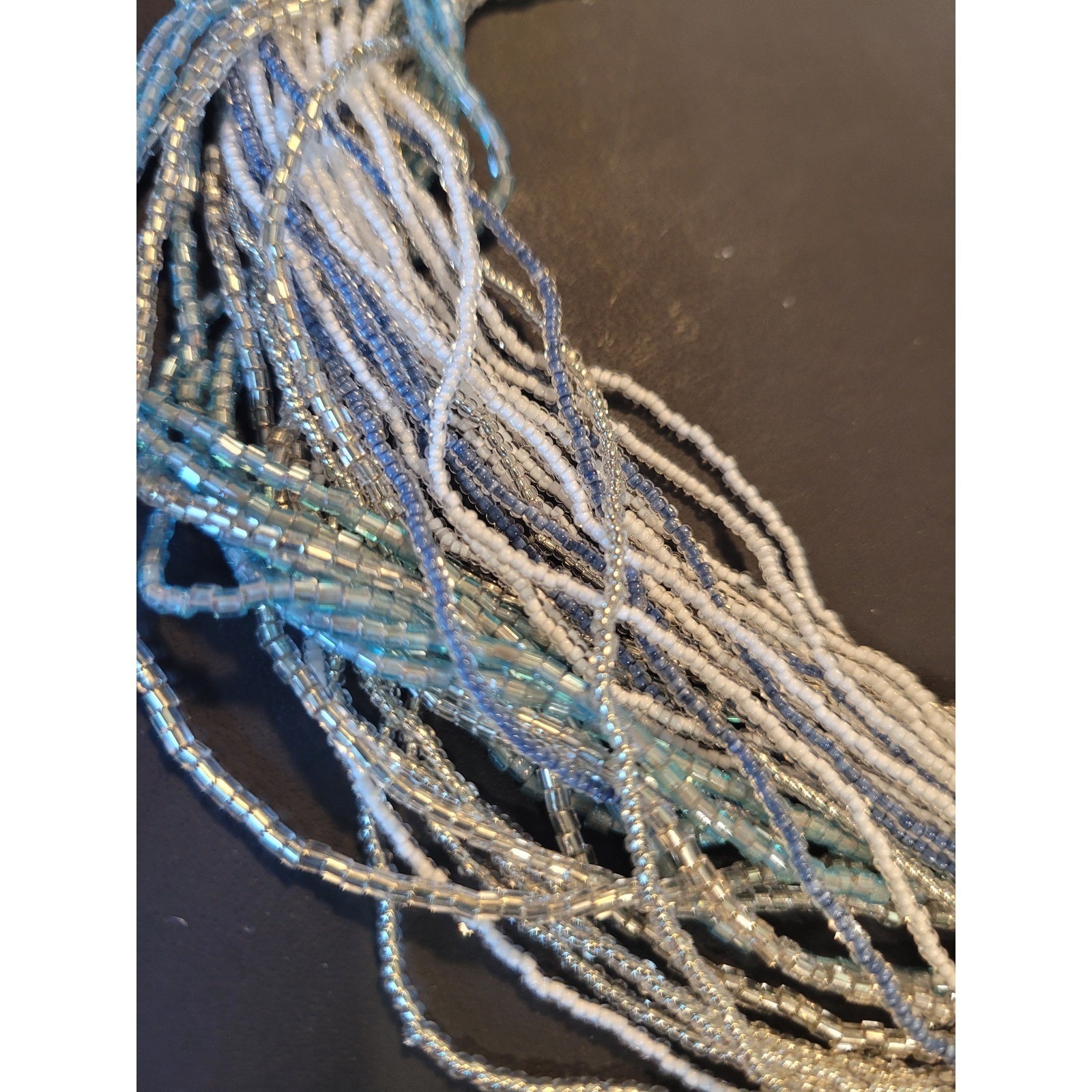 Blue White Silver Multi Strand Seed Bead Necklace with Heart Charm Extender 23″