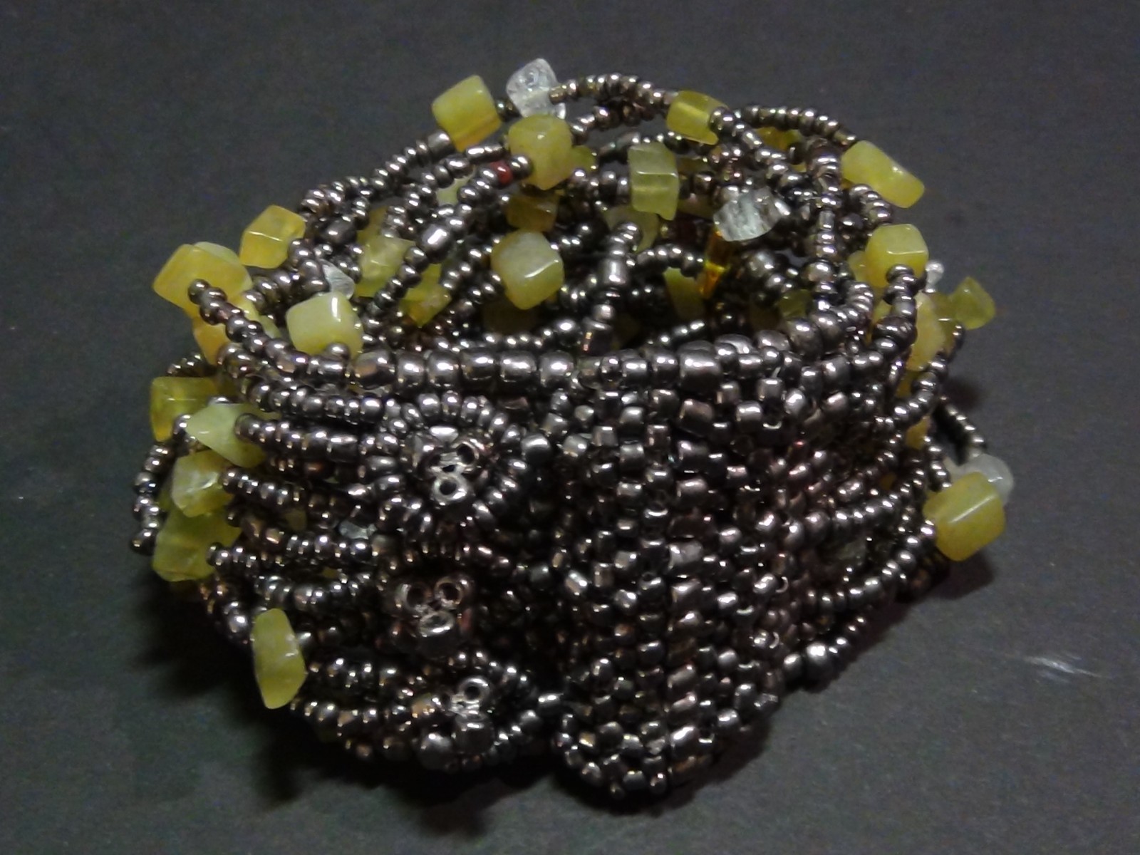 Multi-wrap Bracelet Cuff Beaded Glass Grey Lime Green Bracelet Button Closure