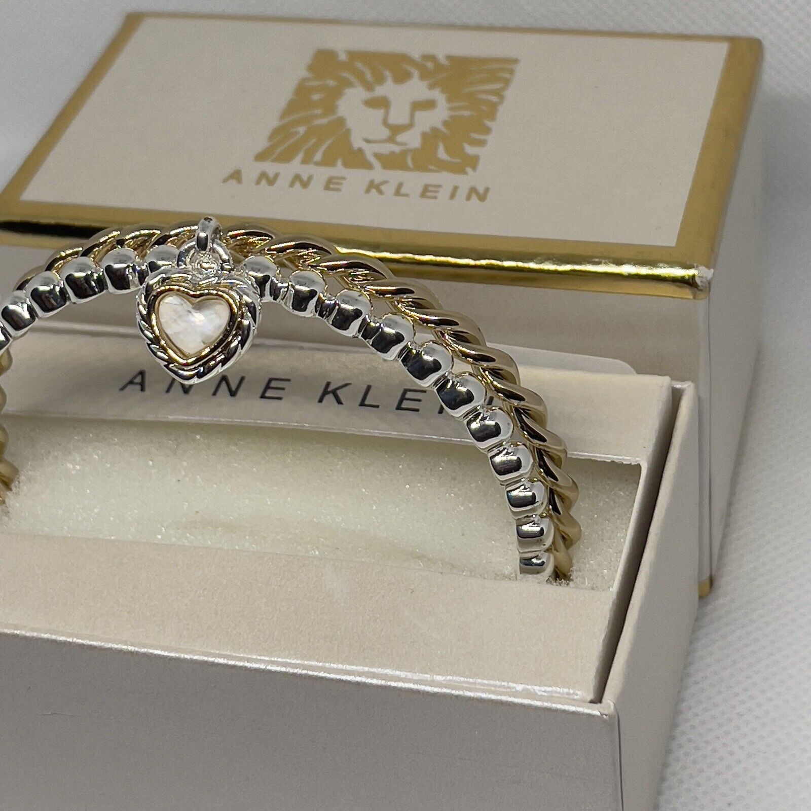 Anne Klein Gold Tone Bracelet (2 Piece Set) Crystal Heart Bangle Style Chic NWT