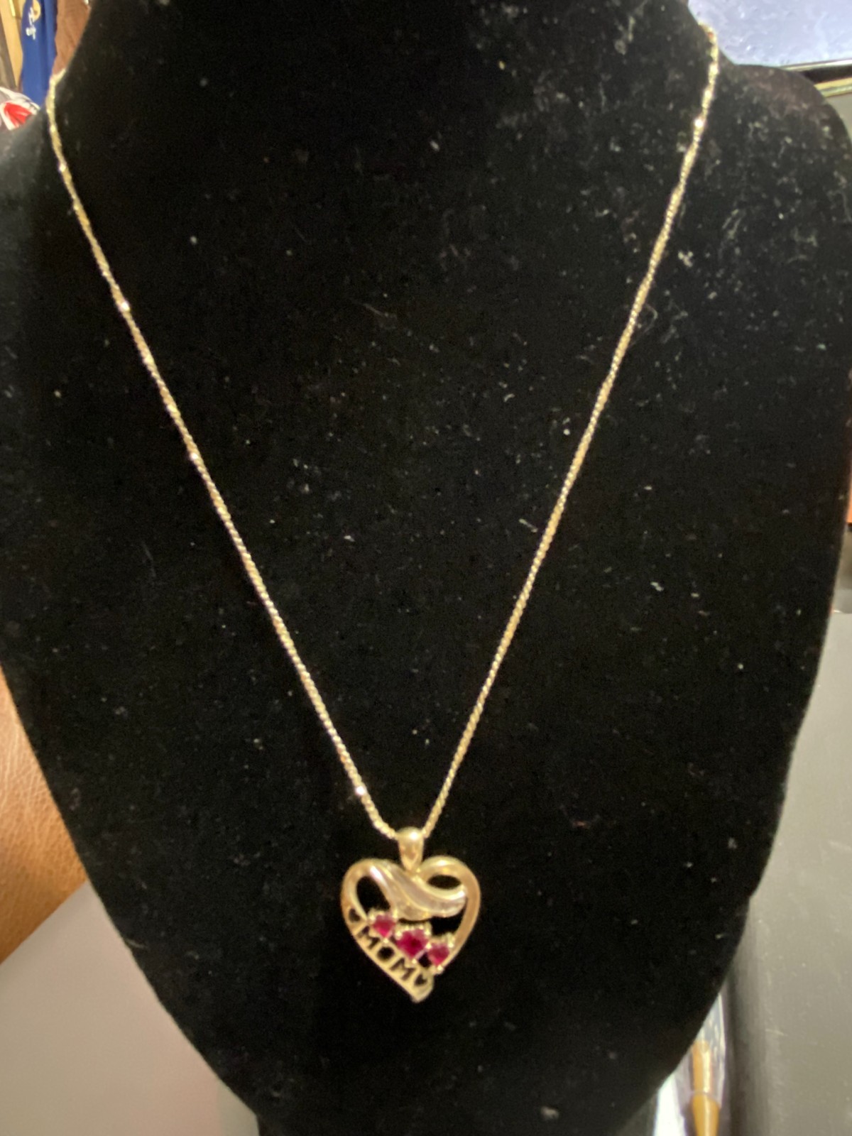 10K Gold MOM Heart Pendant Ruby Stone Charm on 20″ Gold Plated 925 Italy Chain