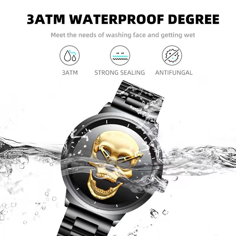Men’s Hip Hop Skull Fashion Quartz Wristwatch Stianless Steel Waterproof Watch