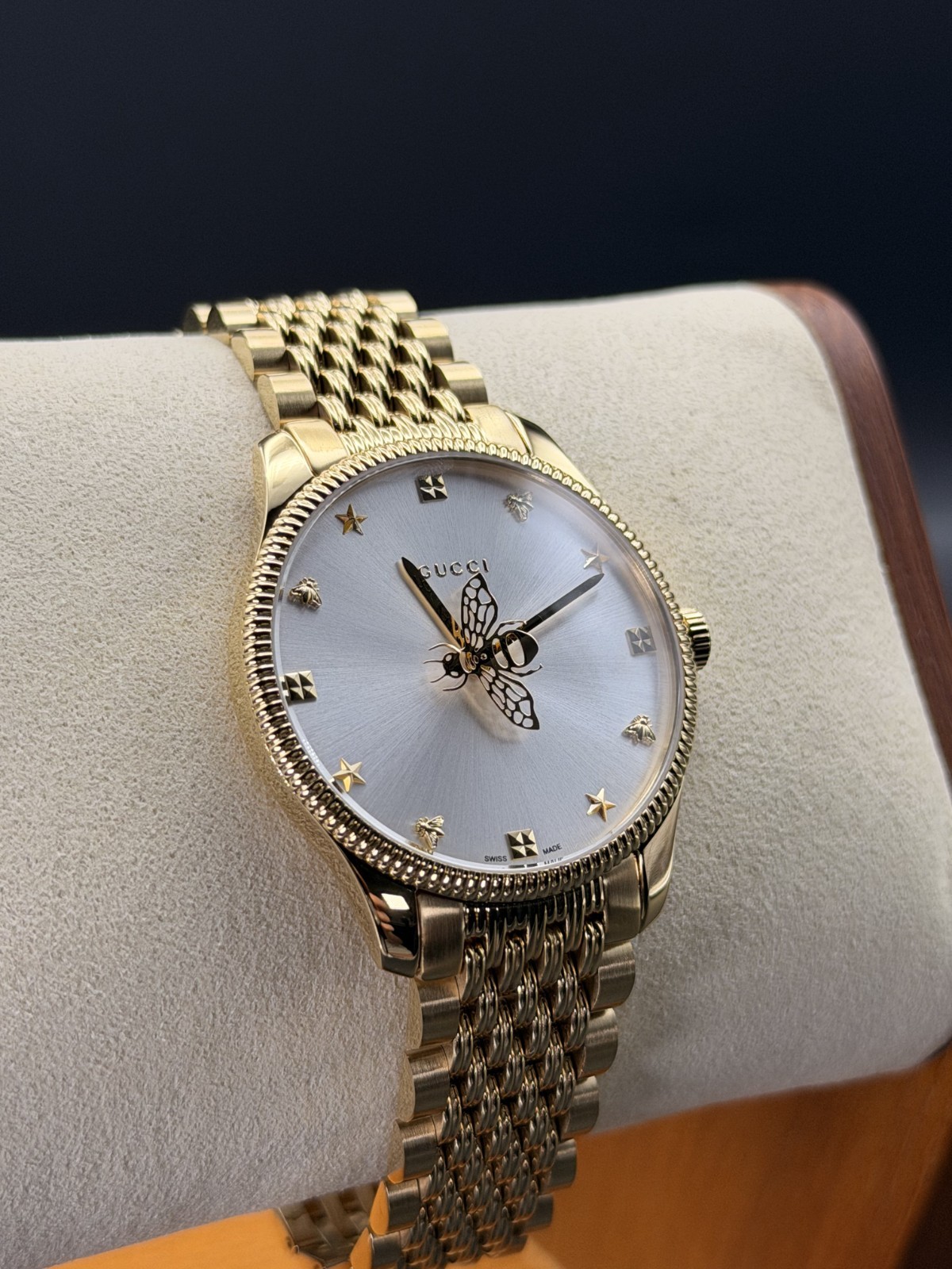 GUCCI G-TIMELESS 36MM GOLD PVD SILVER DIAL SLIM UNISEX WATCH YA1264155