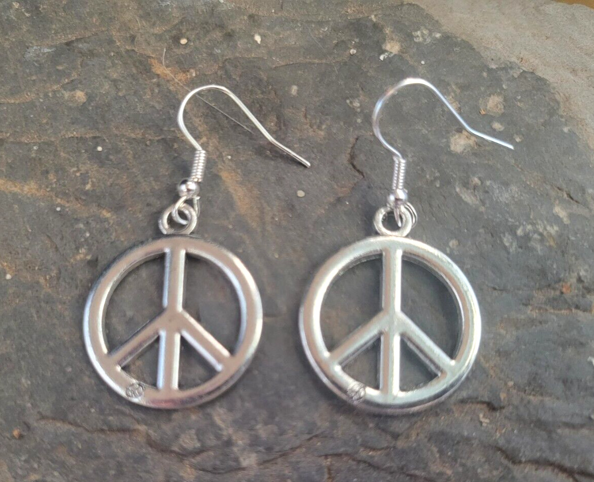 Peace Sign Earrings, Silver, Hippie Jewelry, Hypo Allergenic Hooks, Handmade!