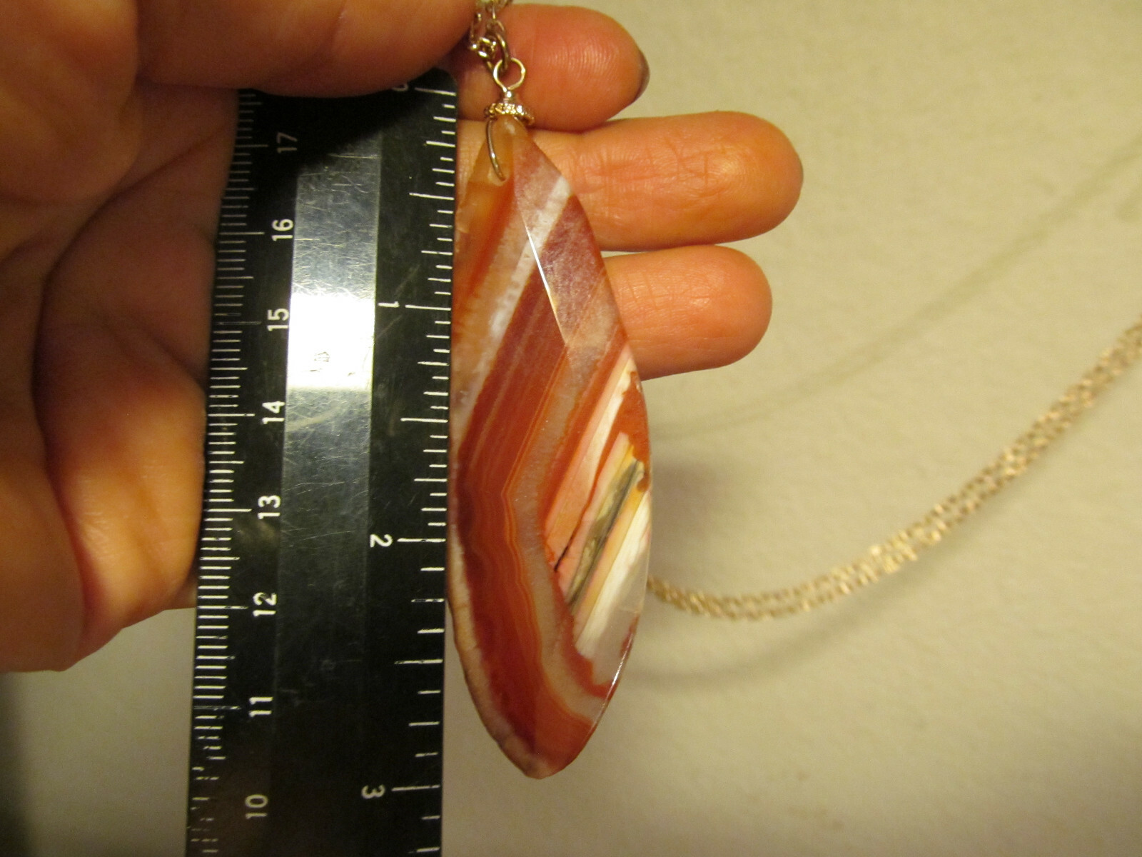Vintage Gold tone Brown-Orange AGATE stone Long Hammered chain Necklace 15.7g