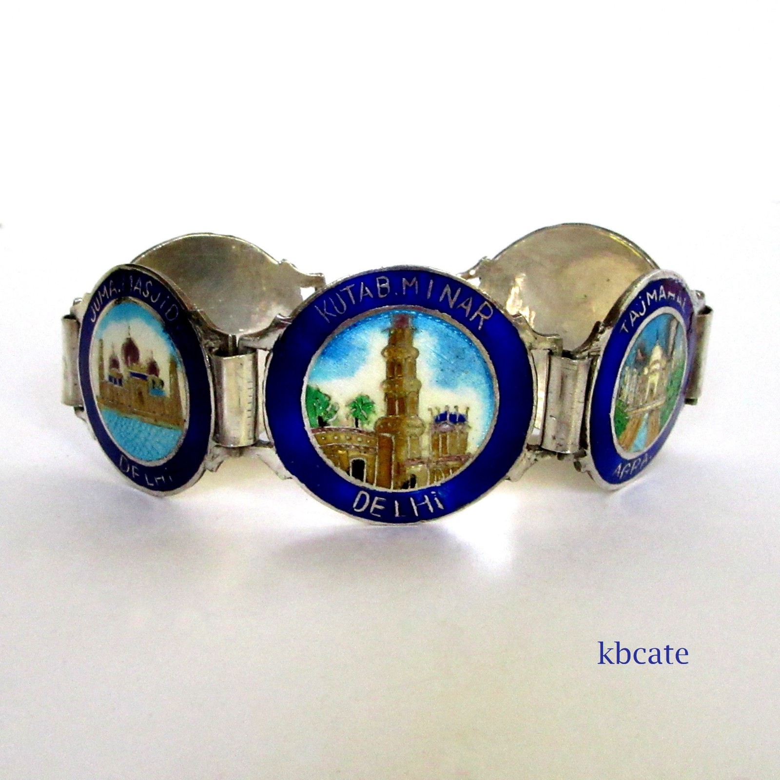 VTG Art Deco Silver Enamel India Souvenir Bracelet Taj Mahal Golden Temple Delhi