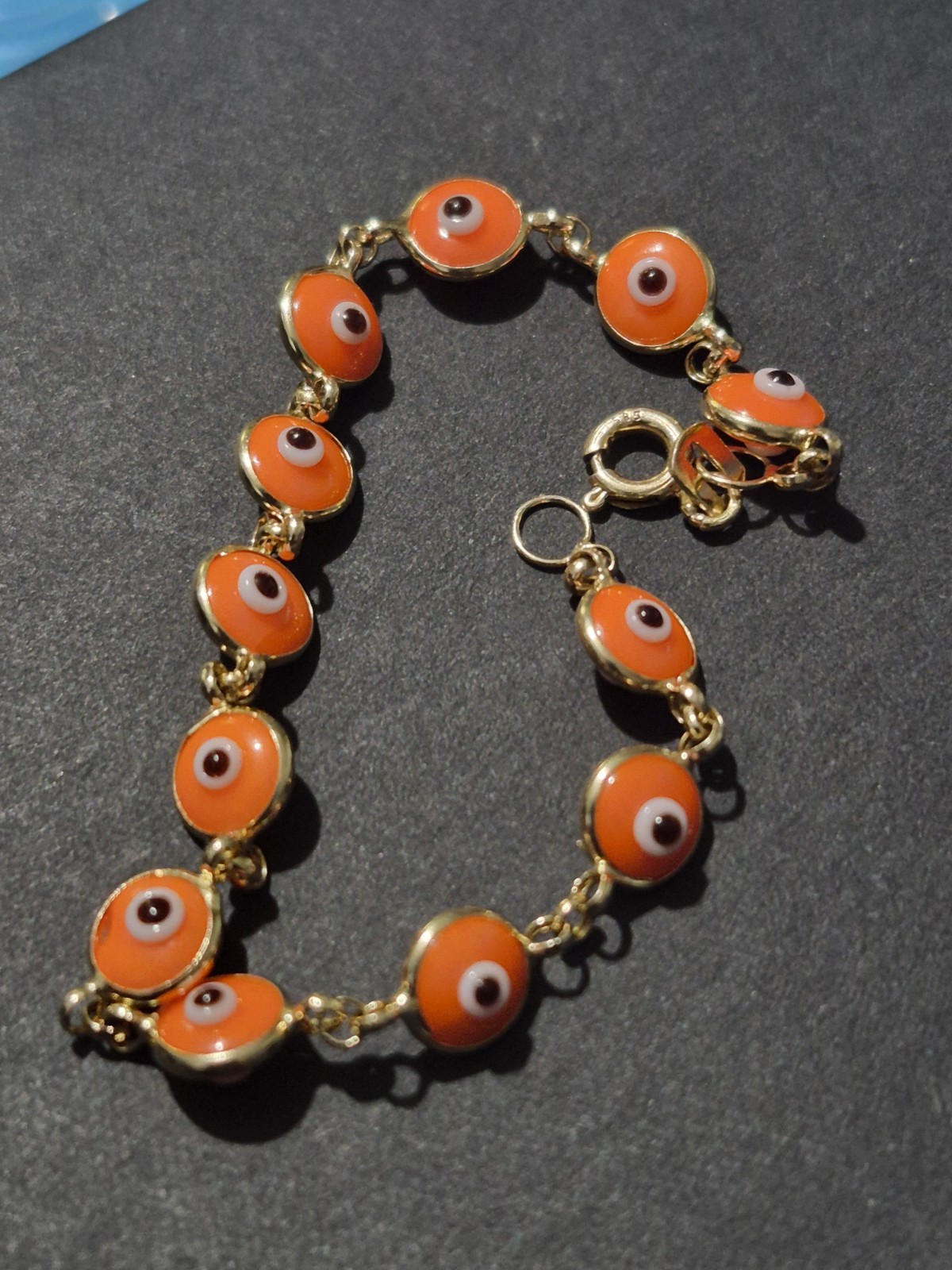 Solid Gold 14k 585 Stamped Evil Eye Bracelet Orange 6in