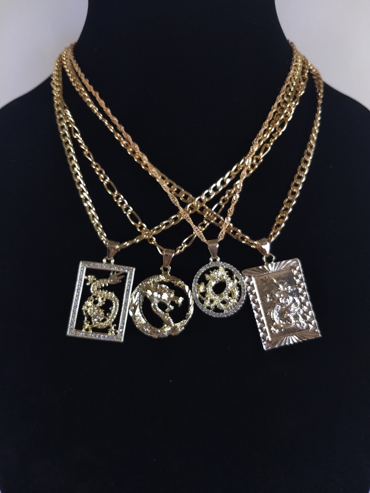 Dragon Pendant Necklace Lot 4 Gold Tone Pendants Chains Modern Rectangle Round