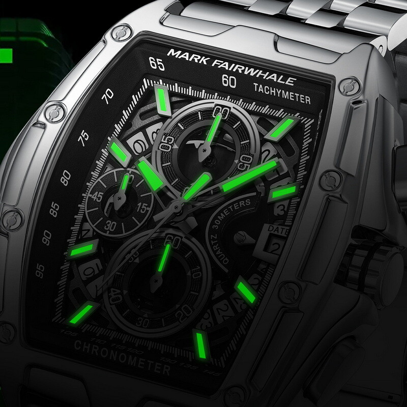 MARK FAIRWHALE Tonneau Multi functional Calendar Night Light Quartz Men’s Watch