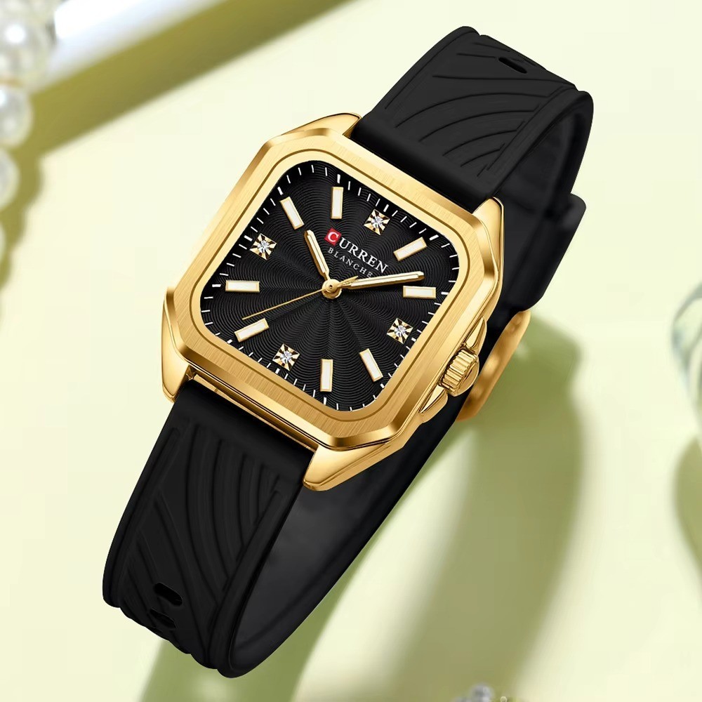 CURREN Womens Black Silicone Watch Gold Square Case Quartz 3ATM