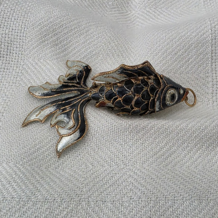 Vintage Articulated Blue Goldfish Beta Koi Fish Cloisonné Pendant- Good Cond.
