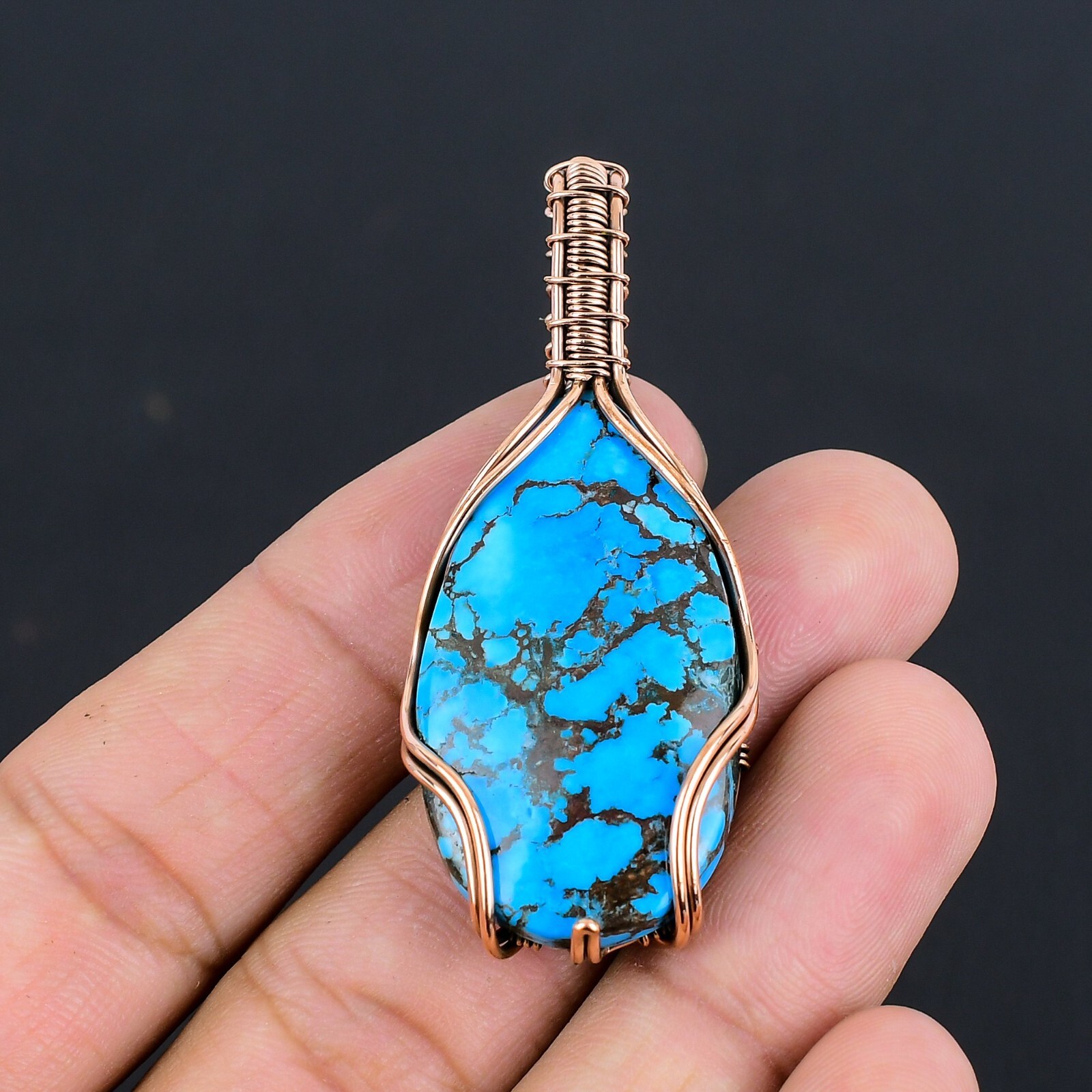 Blue Turquoise Gemstone Copper Wire Wrapped Women Gift Pendant Jewelry LC-318